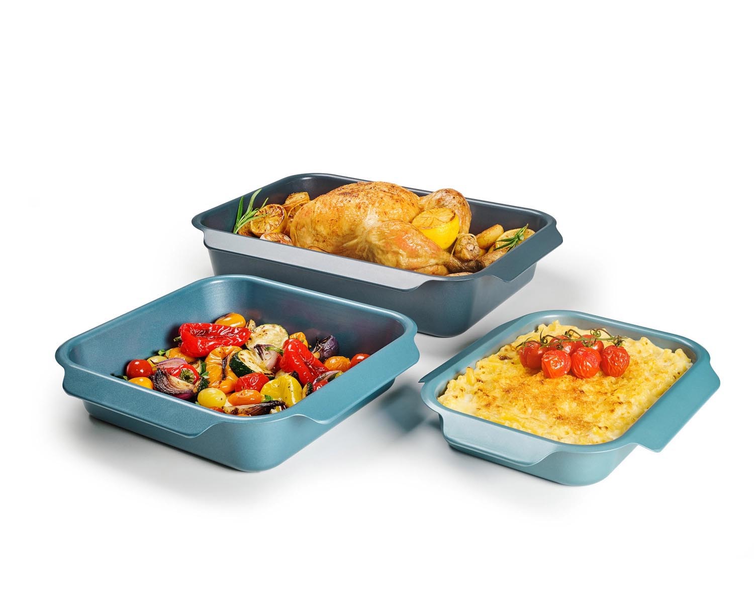 Praktisches 3er Set Joseph Joseph Backformen in abgestuften Grössen, ideal für vielseitiges Backen und Kochen.