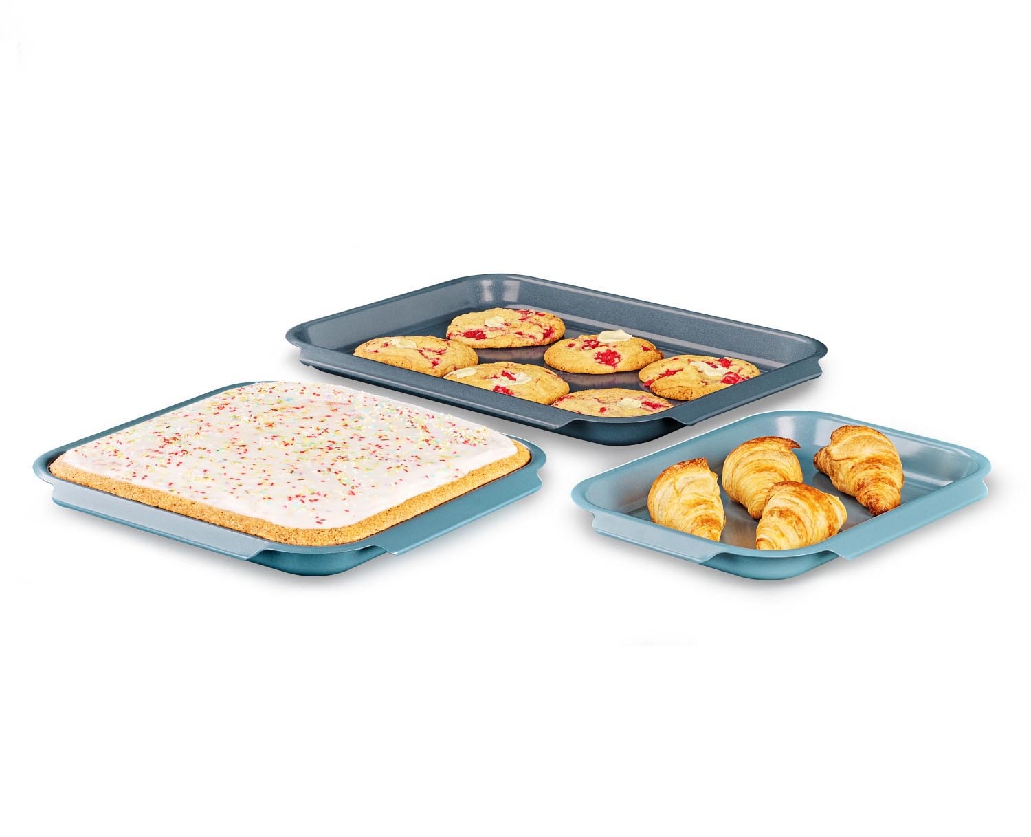 3-teiliges Backform-Set von Joseph Joseph, stapelbar und platzsparend, perfekt für vielseitiges Backen in drei praktischen Grössen.