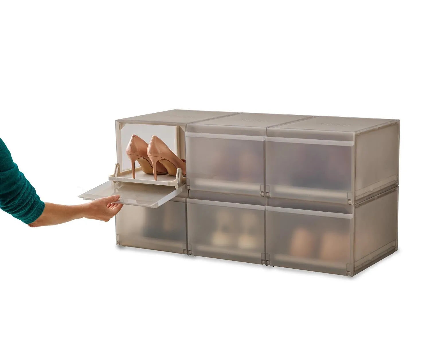 6er Set graue Schuhboxen von Joseph Joseph, stapelbar und kompakt, Maße 22x28x36cm, ideal für platzsparende Schuhorganisation.