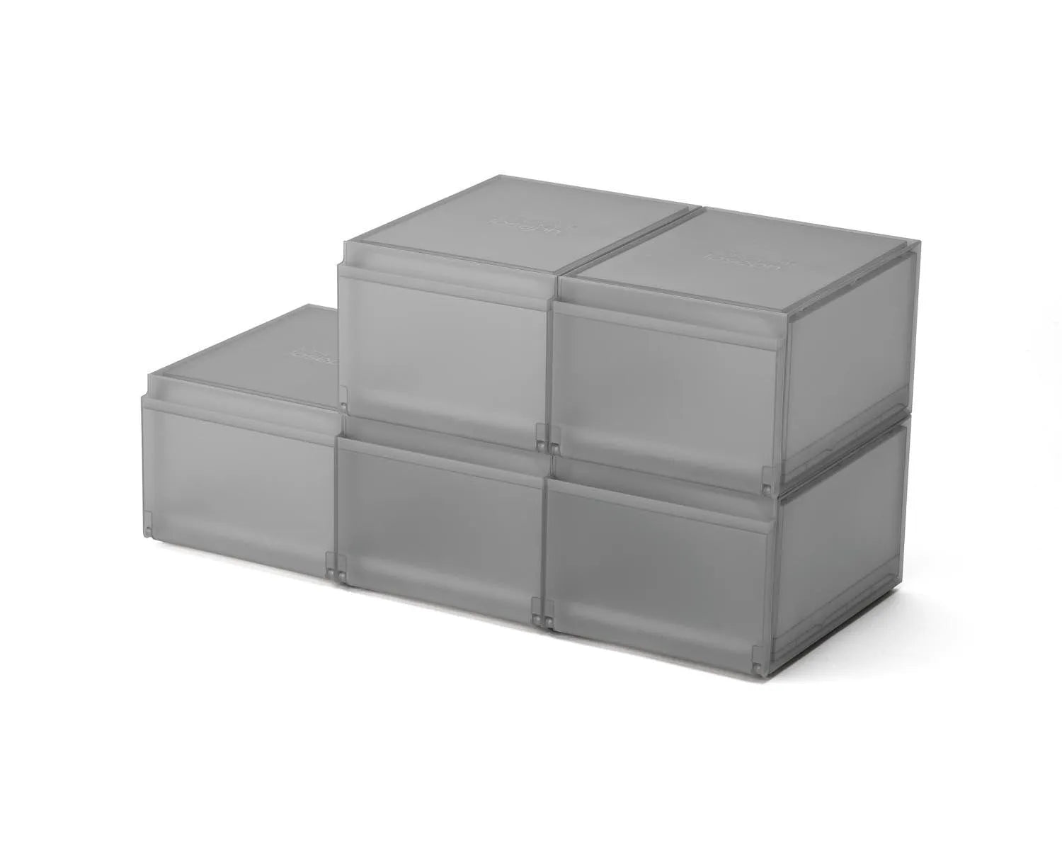 6er Set graue Schuhaufbewahrungsboxen von Joseph Joseph, stapelbar, kompakt, Maße 22x28x36cm, perfekt für ordentliche Schuhorganisation.