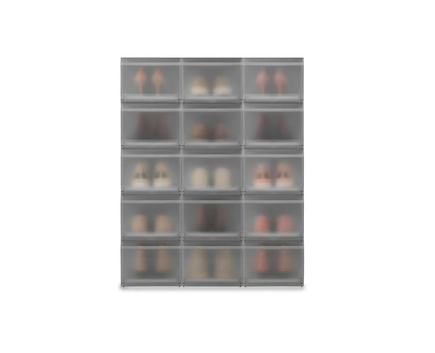 6er Set graue Schuhboxen von Joseph Joseph, stapelbar und platzsparend, Maße 22x28x36cm, ideal für eine organisierte Schuhaufbewahrung.