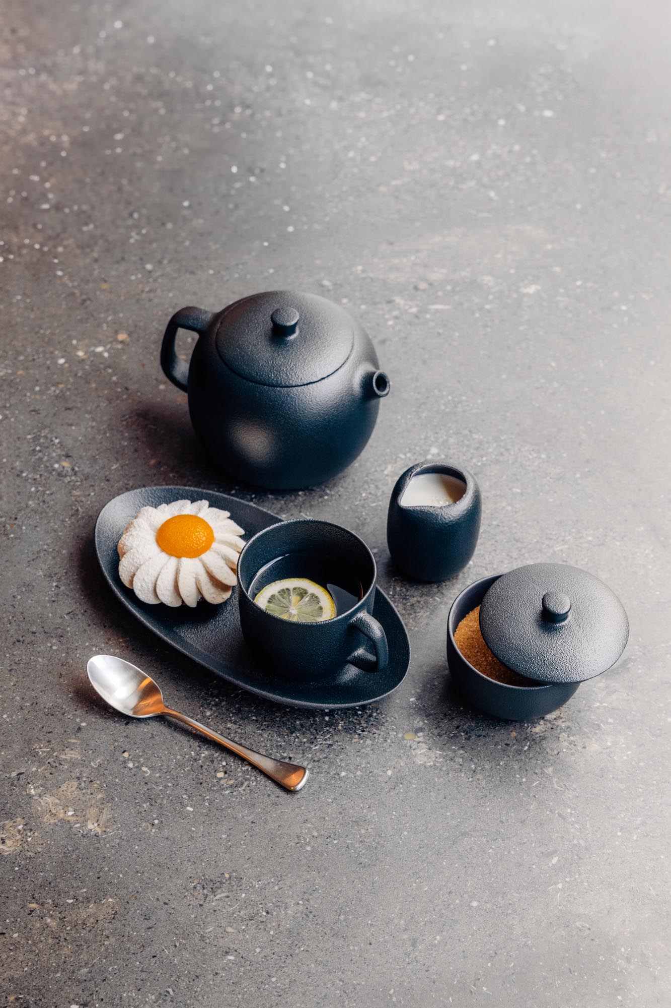 Stilvolle Equinoxe Teetasse mit passender Untertasse, 20cl, in edler Gusseisen-Optik von Revol, perfekt für Teeliebhaber.