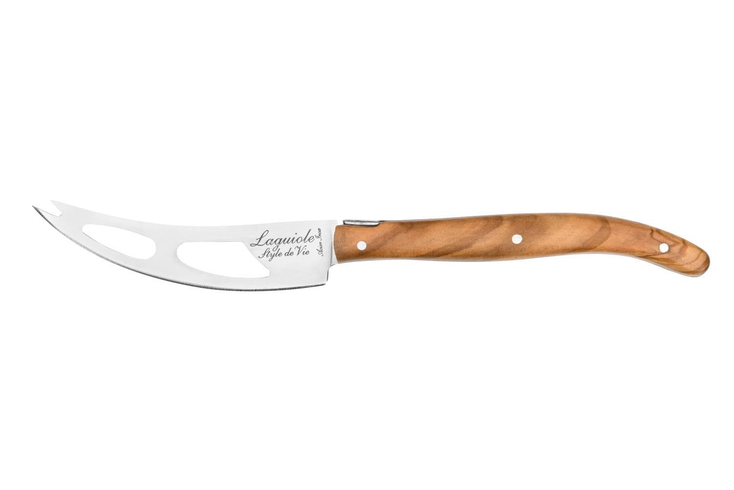 Elegantes Laguiole Käsemesserset mit Griffen aus Olivenholz, ideal für anspruchsvolle Käseliebhaber und stilvolle Präsentationen.