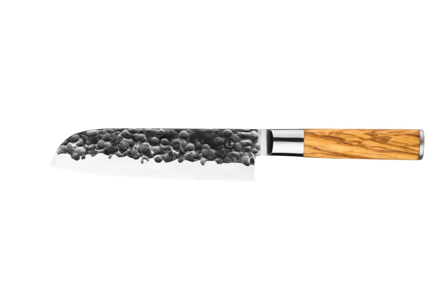 Elegantes Santokumesser mit 18 cm Klinge, handgeschmiedet aus hochwertigem Stahl, mit Olivenholzgriff für präzises Schneiden.
