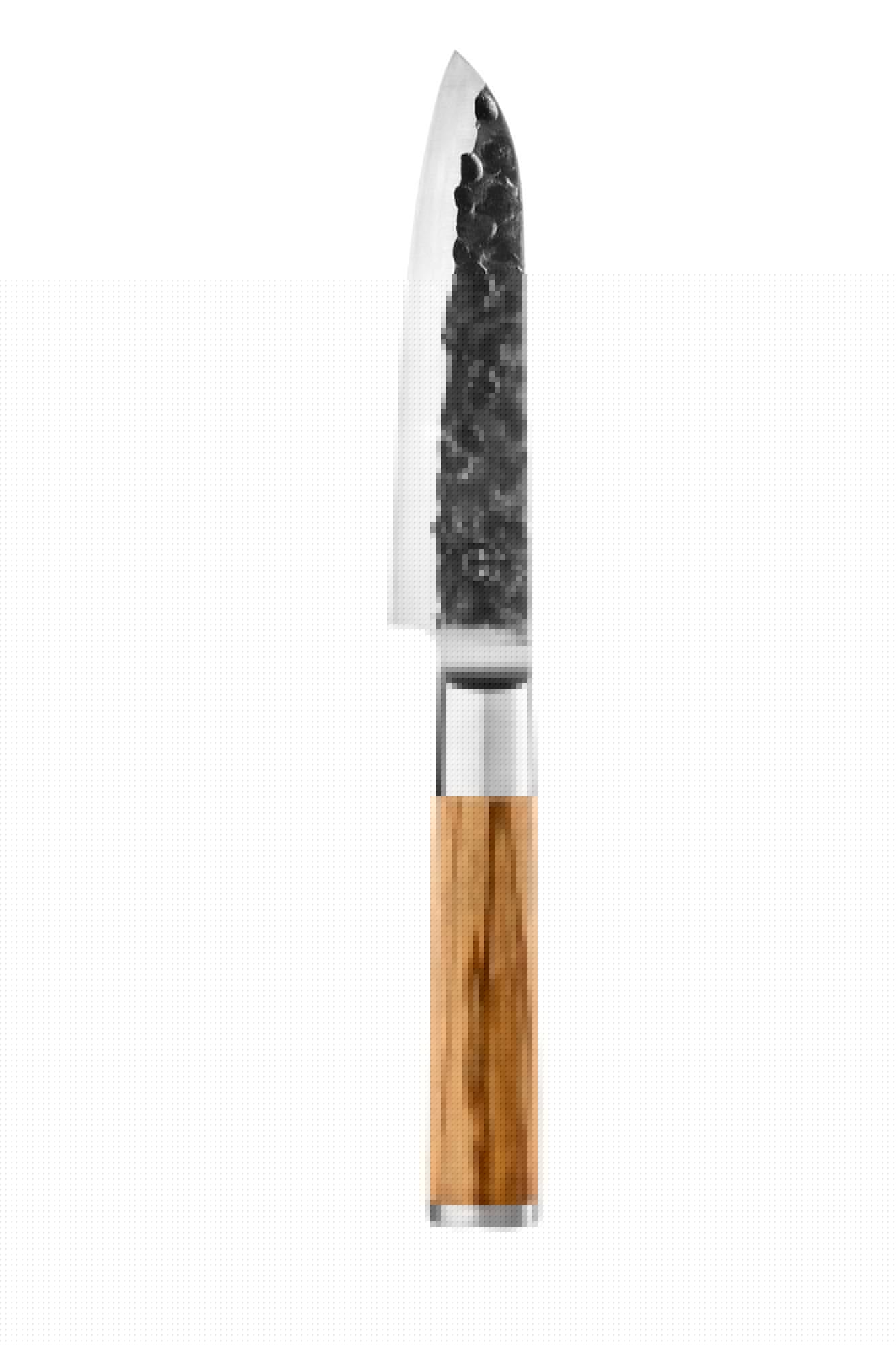 Elegantes Santokumesser mit 13 cm Klinge, handgeschmiedet aus hochwertigem Stahl, mit Olivenholzgriff für präzises Schneiden.