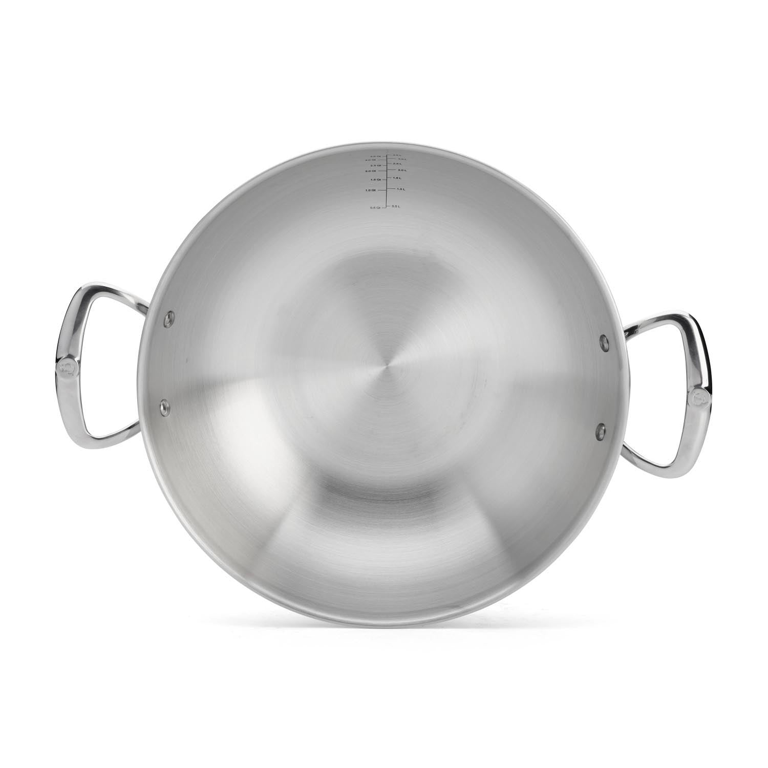 Hochwertiger Edelstahl-Wok von de Buyer, 32 cm, mit zwei Griffen, ideal für gleichmässiges Kochen und vielseitige Gerichte.