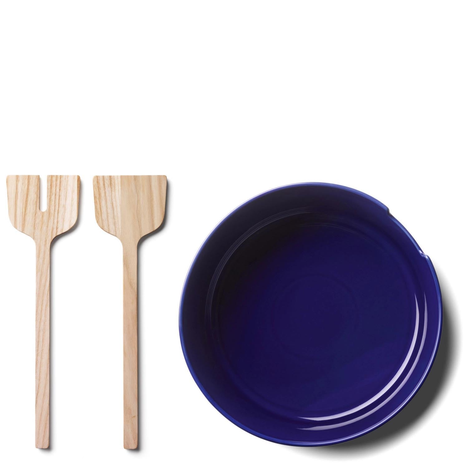 Elegante Salatschale aus Eschenholz mit Besteck, 26 cm, in modernem Kobaltblau von LSA. Perfekt für stilvolle Tischdekoration.
