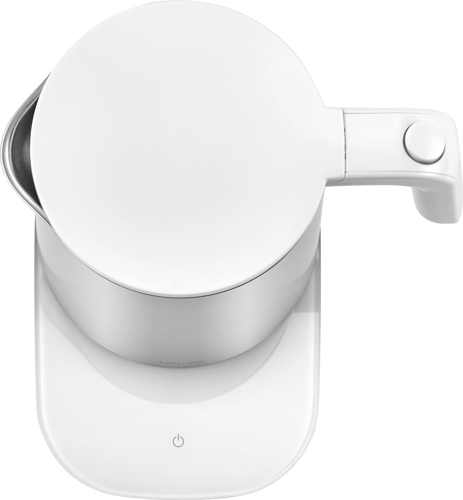 Eleganter Zwilling Enfinigy Wasserkocher PRO 1L in Silber, bietet präzise Temperaturwahl und modernes, hochwertiges Design.