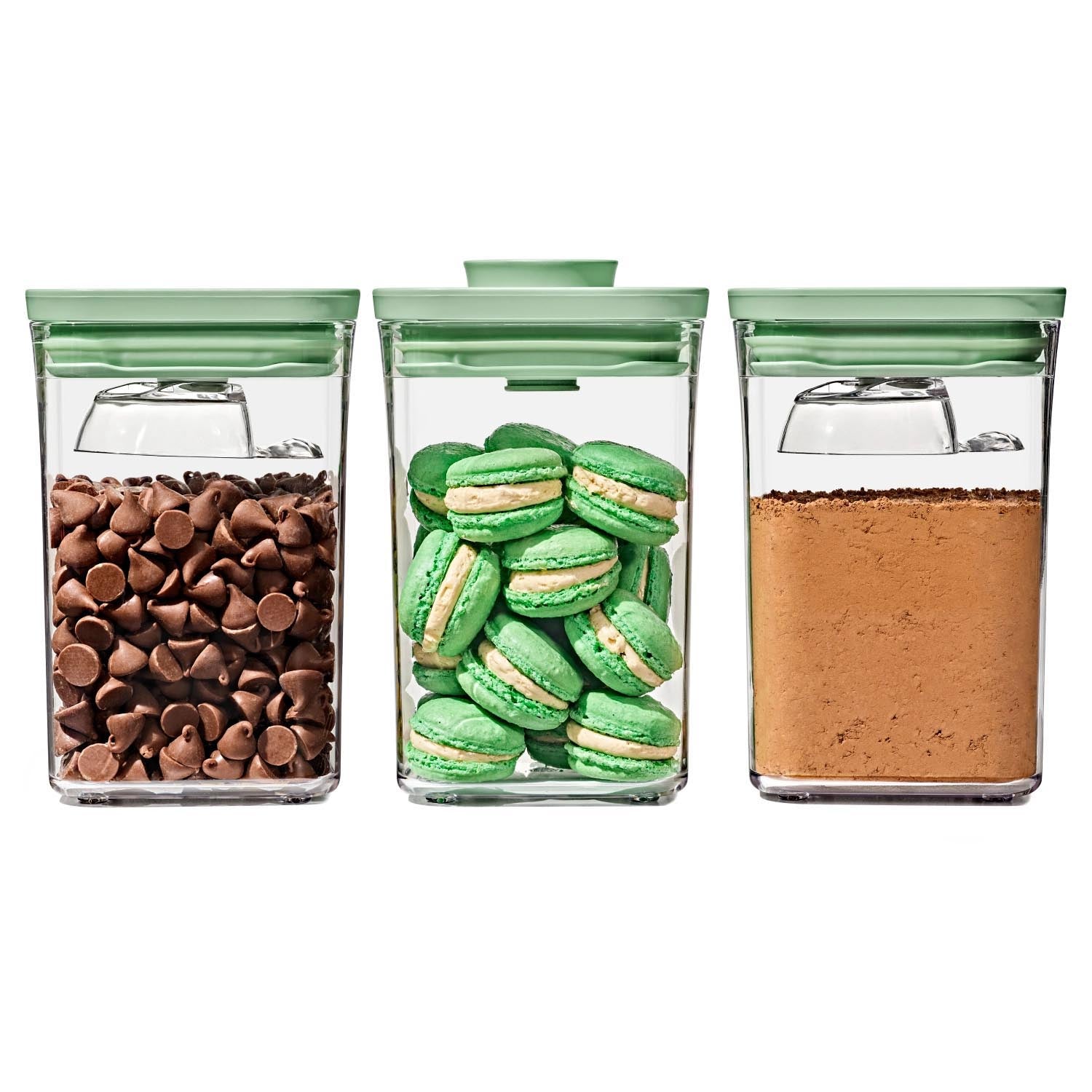 3er Set OXO Good Grips Pop Behälter mit grünem 30ml Löffel, perfekt für frische Lagerung und genaue Dosierung von Lebensmitteln.
