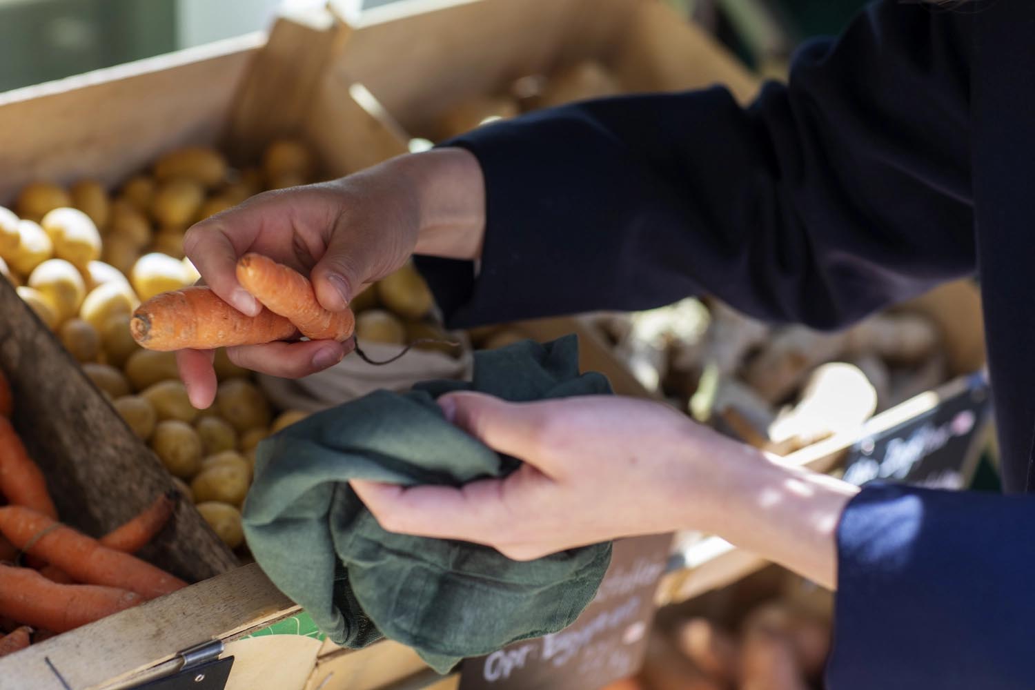 Nachhaltiges 3er-Set dunkelgrüner Bio-Baumwollbeutel von The Organic Company, ideal für umweltfreundliche Lebensmittelaufbewahrung.