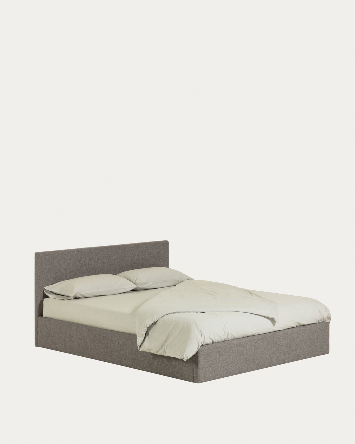 Graues Bett Nahiri von Kave Home mit Chenille-Kopfteil, Klappbettkasten und Lattenrost, für Matratzen in der Grösse 180 x 200 cm.