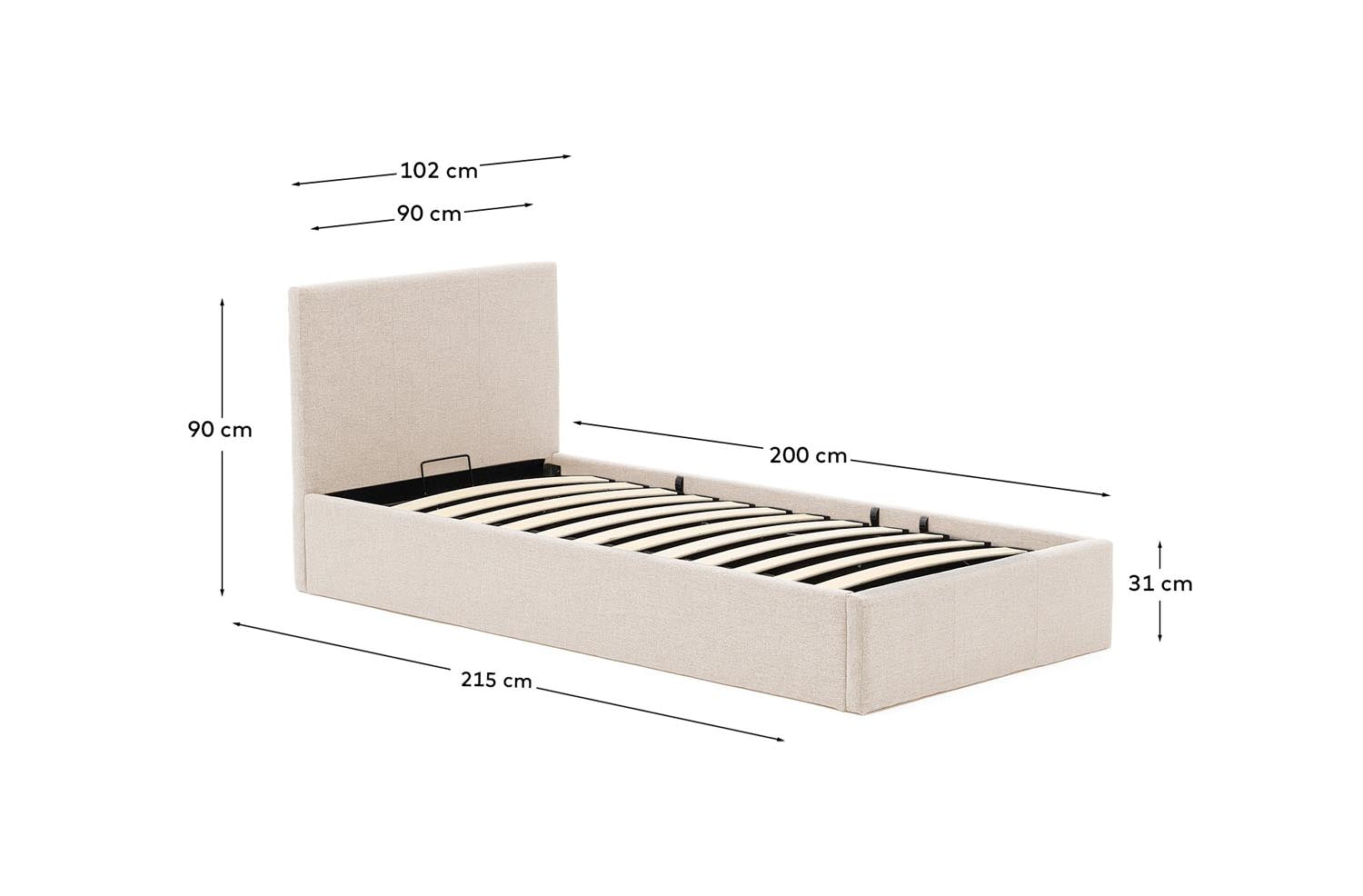 Bett mit Bettkasten Nahiri in beiger Chenille für Matratzen 90 x 200 cm in Beige präsentiert im Onlineshop von KAQTU Design AG. Bett ist von Kave Home
