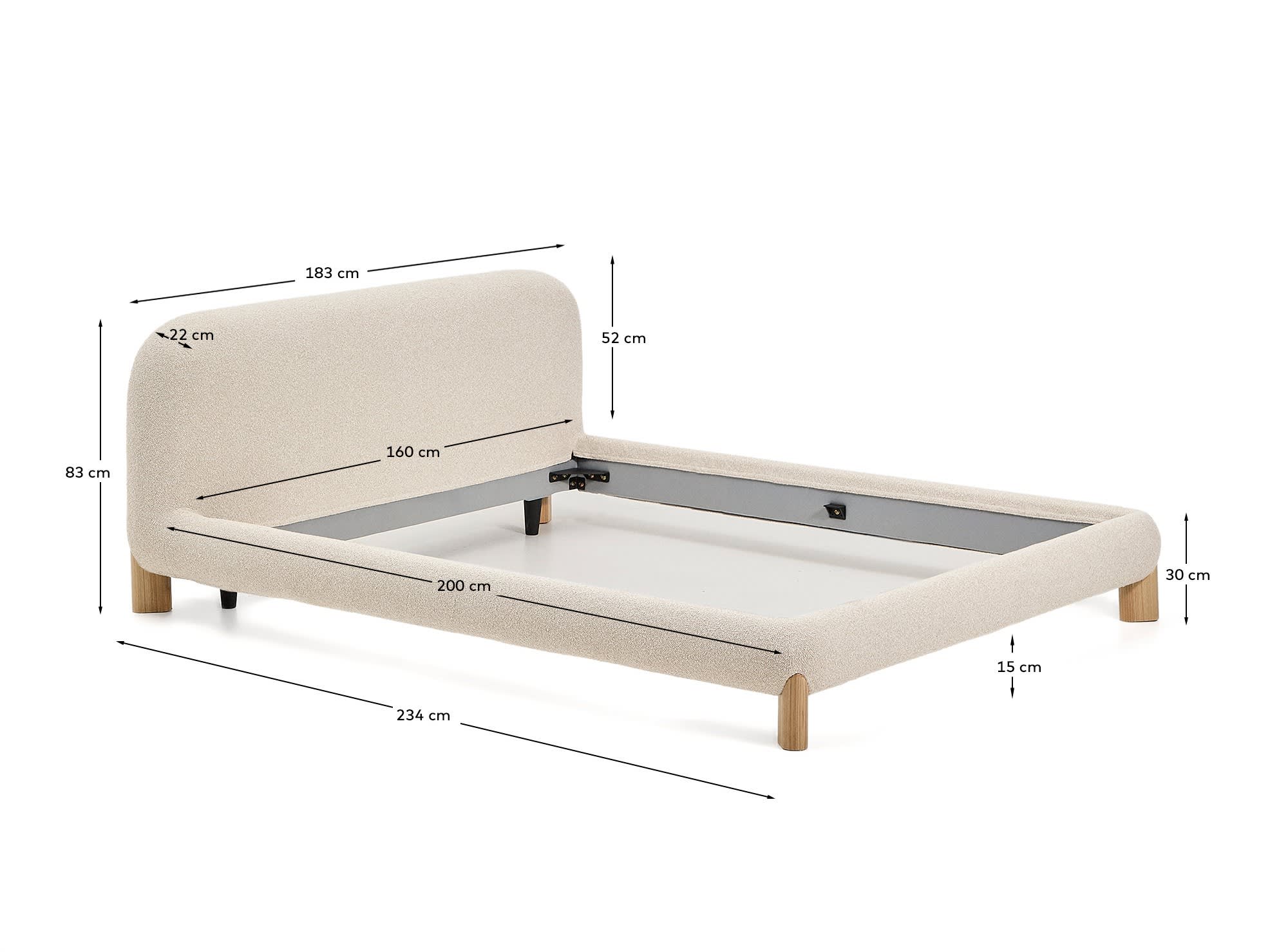 Bett Odina mit abnehmbarem Bezug aus ecrufarbenem Boucléstoff sowie Beinen aus massivem Es in Beige präsentiert im Onlineshop von KAQTU Design AG. Bett ist von Kave Home