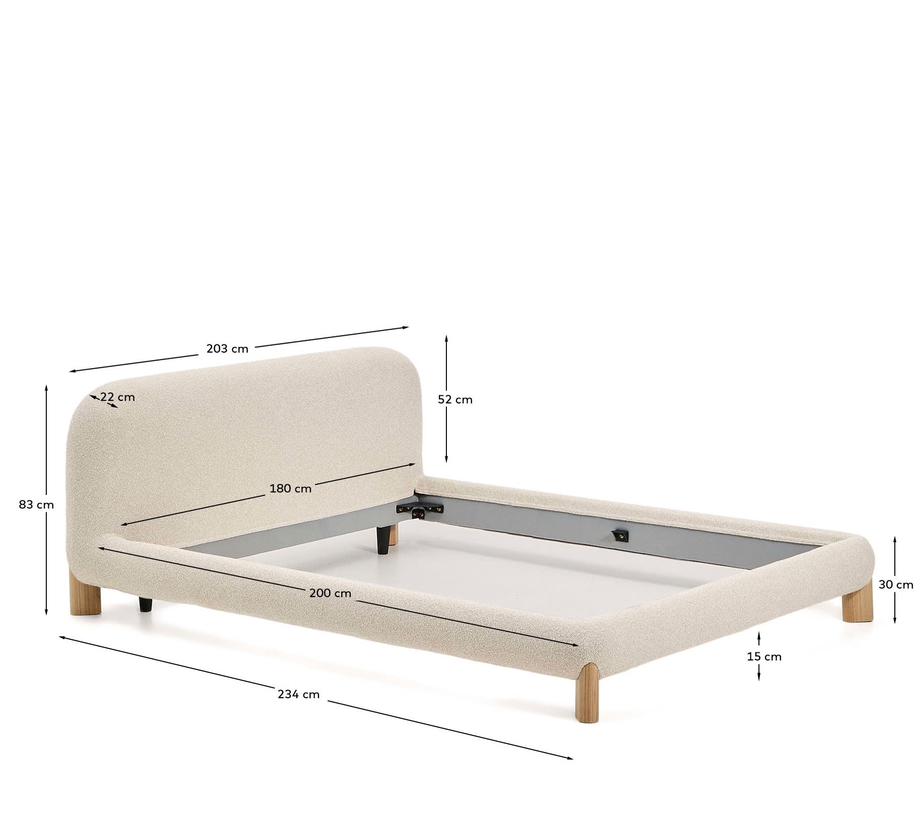 Bett Odina mit abnehmbarem Bezug aus ecrufarbenem Boucléstoff sowie Beinen aus massivem Es in Beige präsentiert im Onlineshop von KAQTU Design AG. Bett ist von Kave Home