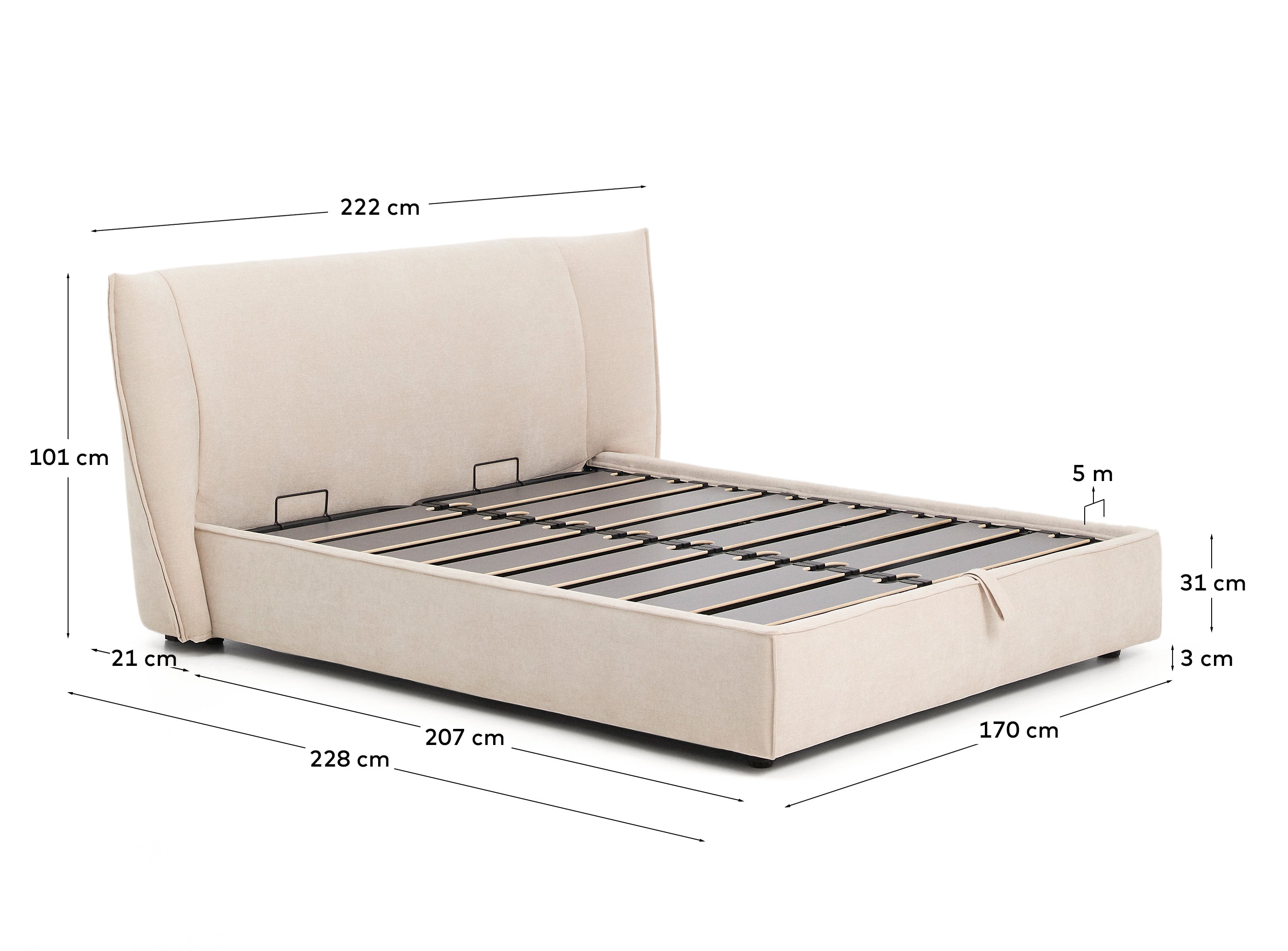 Beiges Chenille-Bett Arvian mit abnehmbarem Bezug und klappbarem Bettkasten, ideal für Matratzen 160 x 200 cm, stilvoll und funktional.