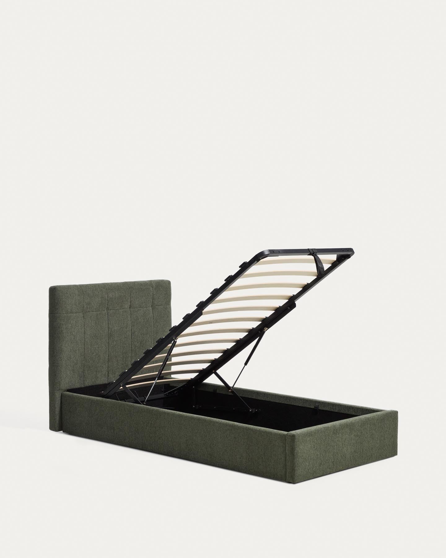 Bett mit klappbarem Bettkasten Darnela in moosgrüner Chenille für Matratzen 90 x 200 cm in Grün präsentiert im Onlineshop von KAQTU Design AG. Bett ist von Kave Home