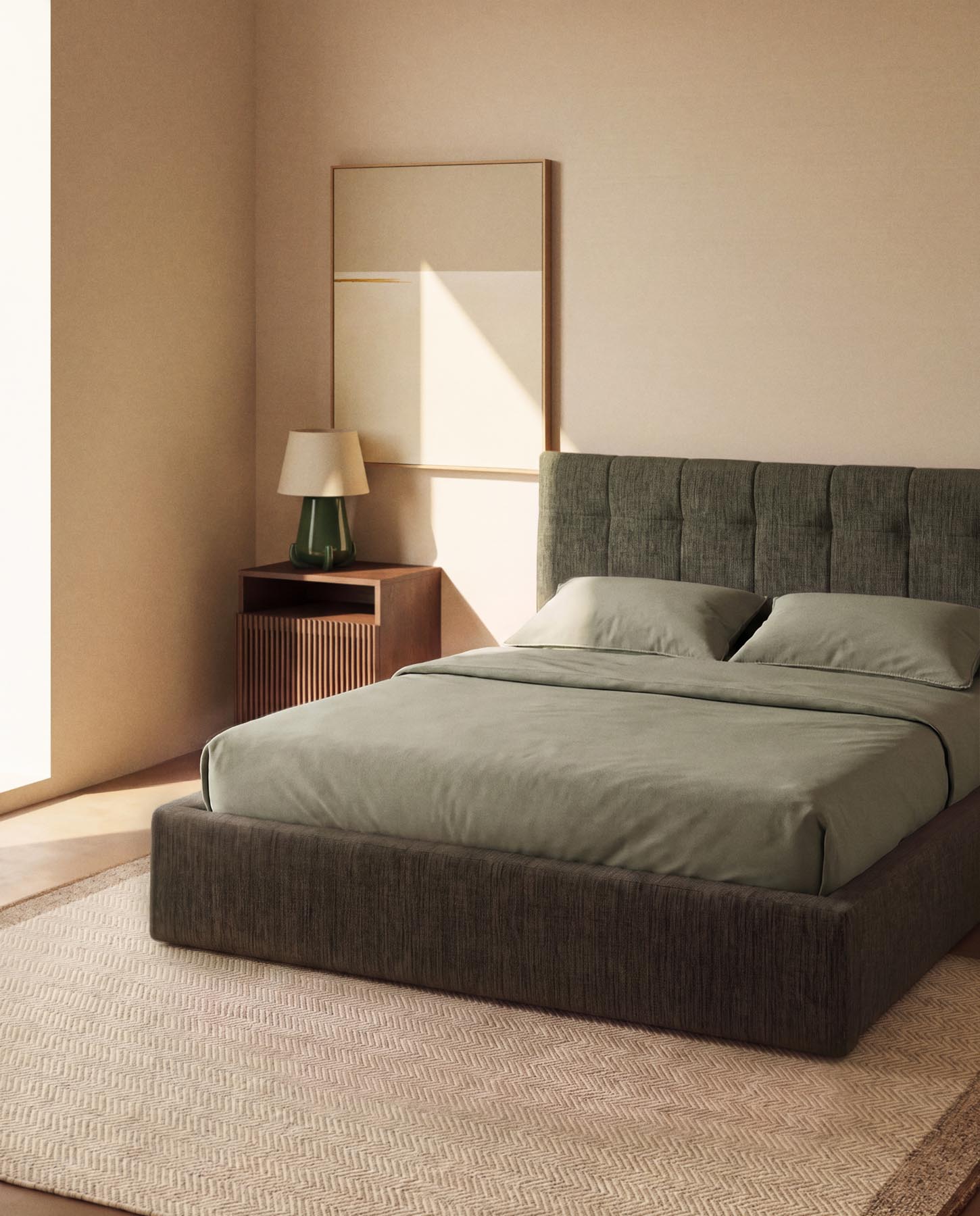 Bett mit klappbarem Bettkasten Darnela in moosgrüner Chenille für Matratzen 160 x 200 cm in Grün präsentiert im Onlineshop von KAQTU Design AG. Bett ist von Kave Home