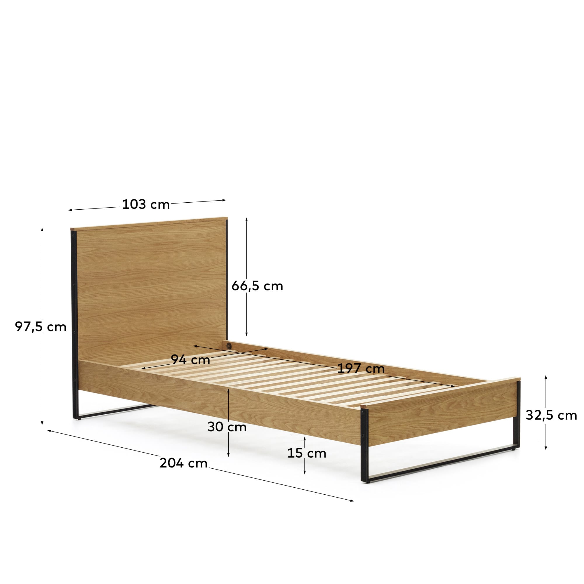 Elegantes Taiana Bett aus Eichenfurnier und stabilen Stahlbeinen, 90 x 190 cm. Perfekt für kleine Schlafzimmer und moderne Einrichtungskonzepte.