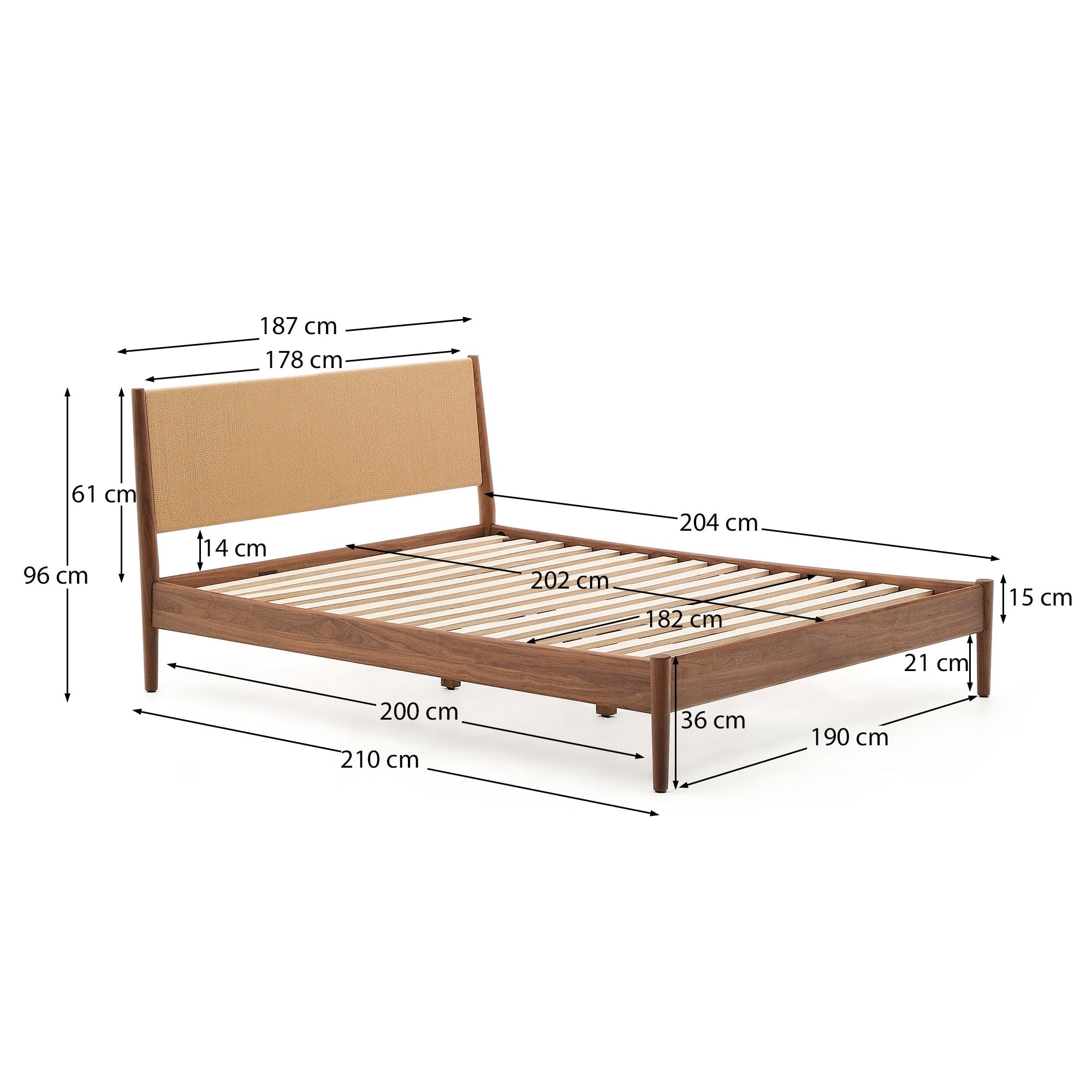 Das Bett Elan vereint edles Walnussholz mit handgeflochtenen Seildetails für stilvollen Schlafkomfort.