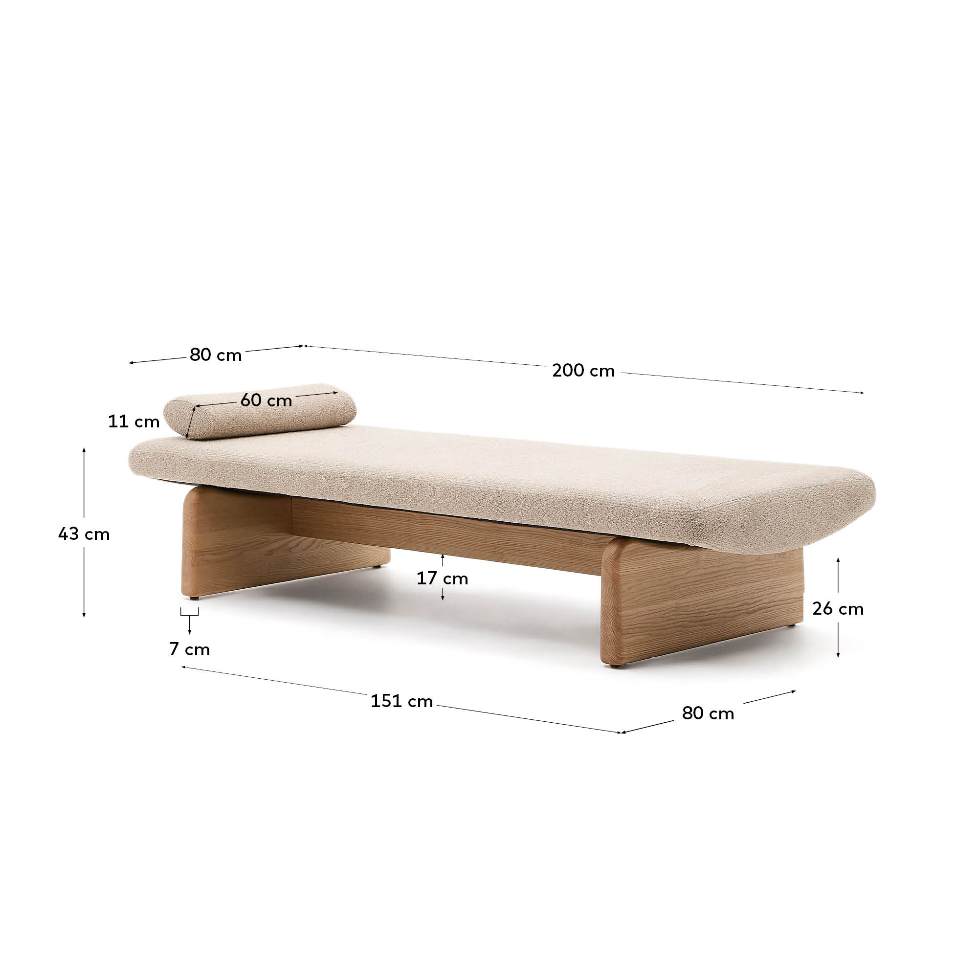 Daybed Topaz, 200 cm, aus beigem Chenille und FSC-zertifiziertem Eschenholz mit natürlichem Finish, von Kave Home.