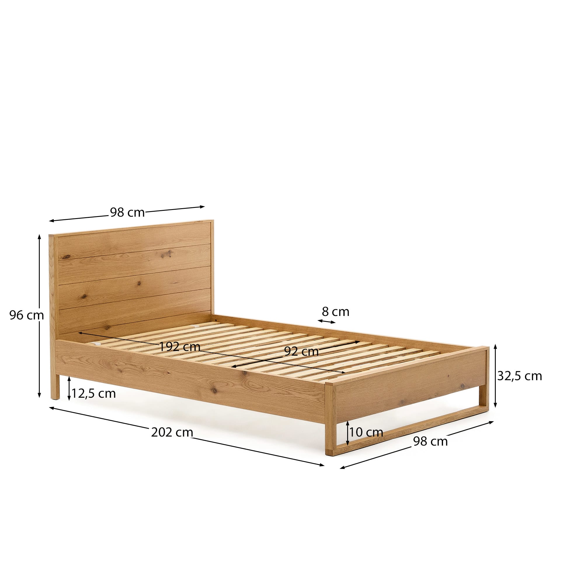 Elegantes Bett aus Eichenfurnier, 90x190 cm, naturfarben. Schlichtes Design, robust und zeitlos für jedes Schlafzimmer.