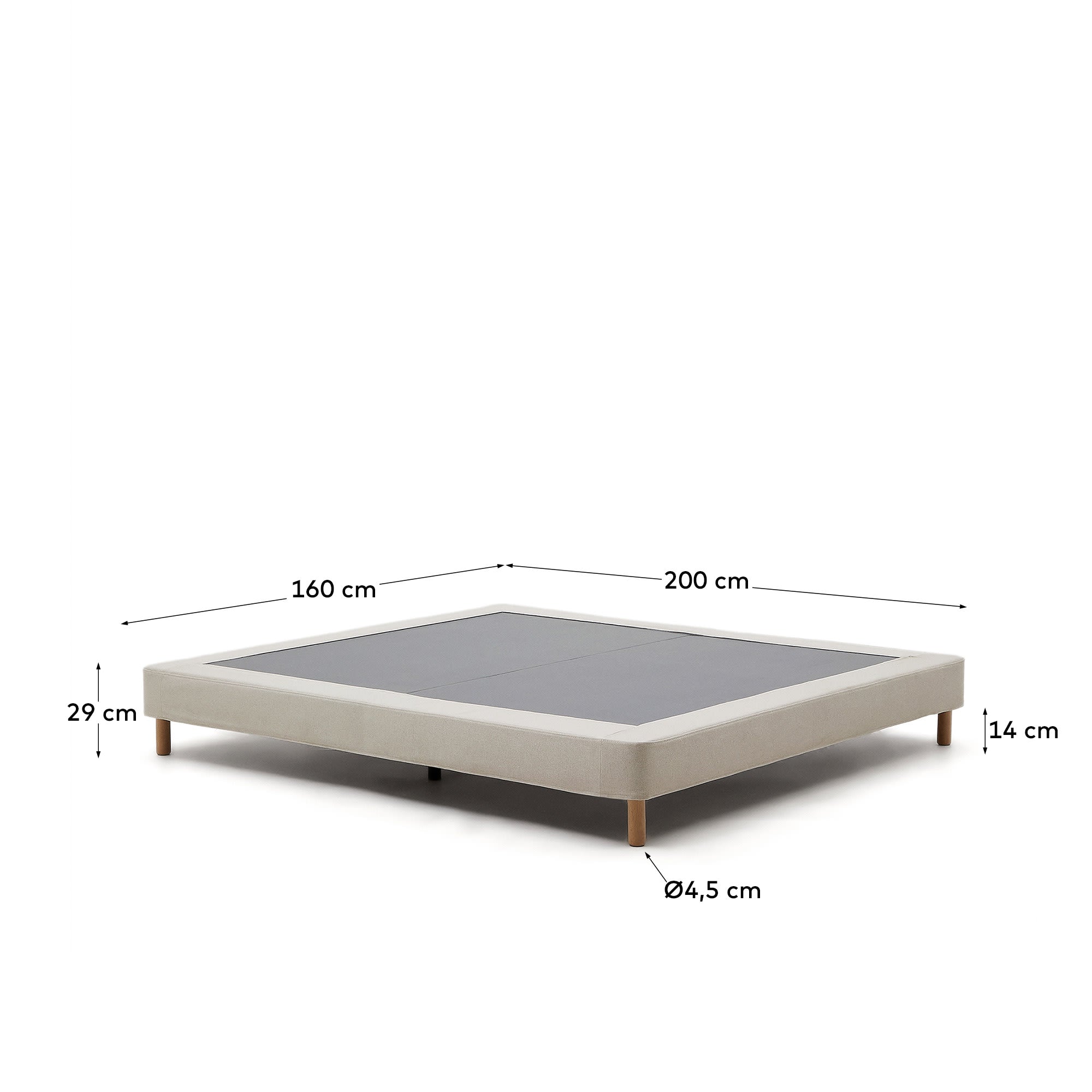 Elegantes Bettgestell mit abnehmbarem, beigem Bezug und stabilen Buchenholzfüßen, ideal für 160x200 cm Matratzen.