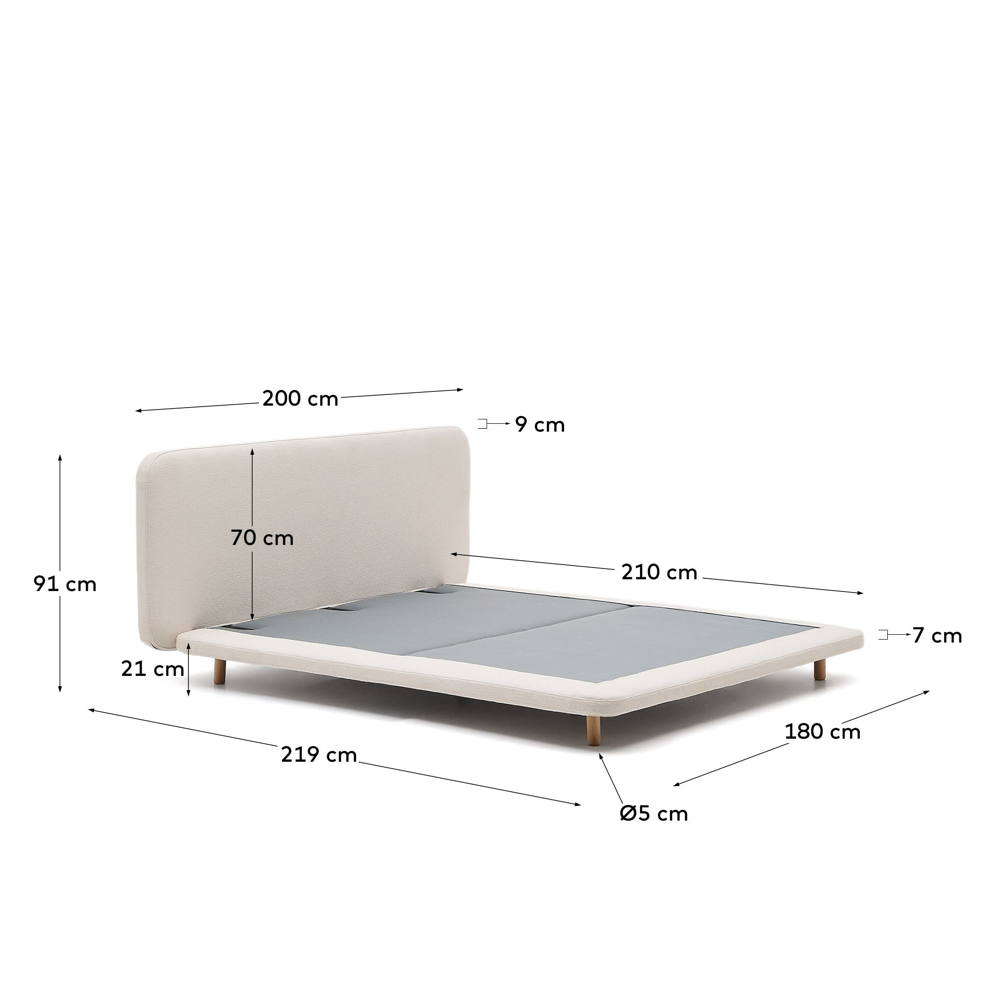 Elegantes Bett Odum: Beigefarbenes Mikro-Bouclé, massive Buchenholzbeine, FSC-zertifiziert, abziehbar, 160x200 cm.