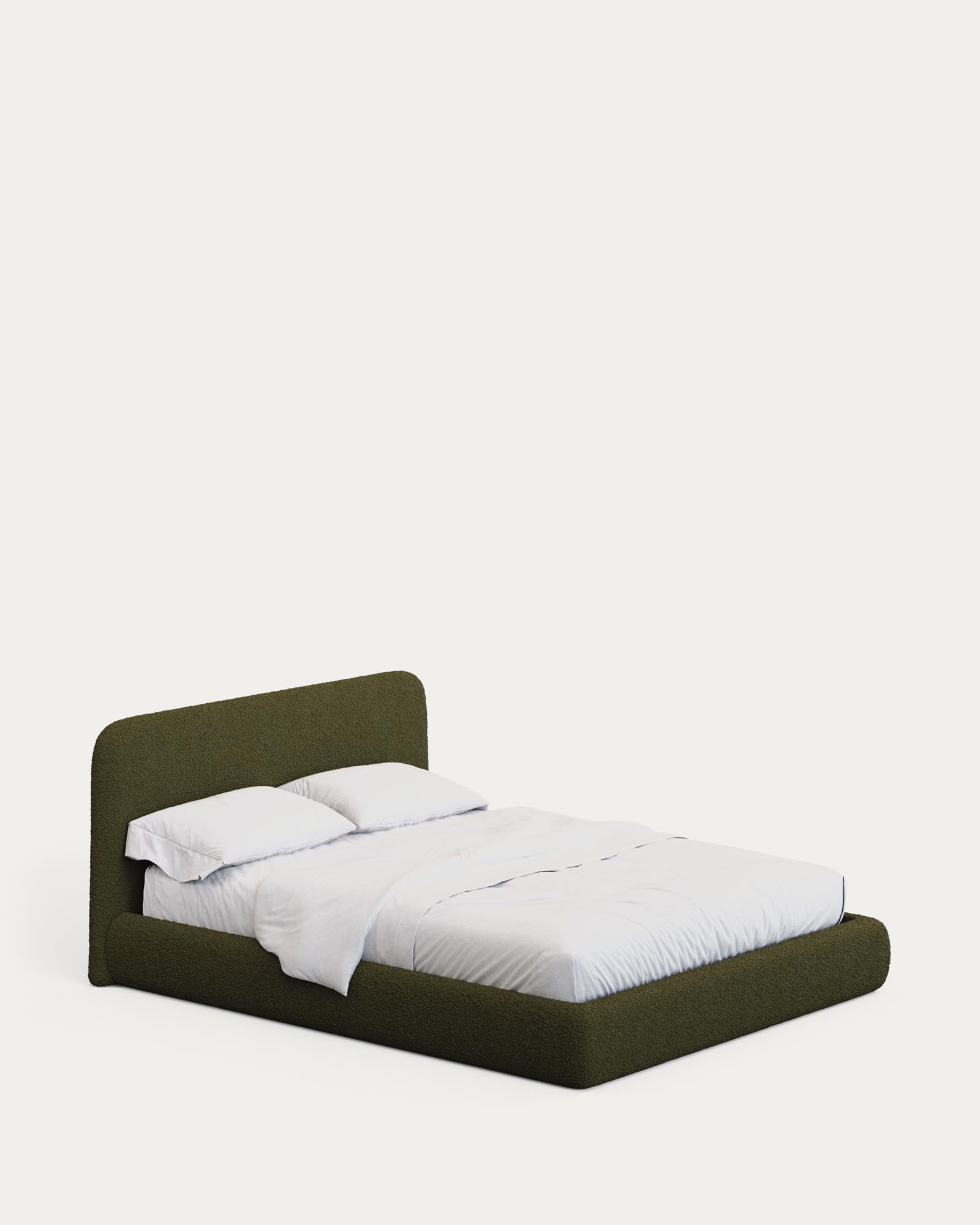 Stilvolles Bett Martina in dunklem Grün, ausgestattet mit abnehmbarem Lammfellimitat, passend für Matratzengröße 180 x 200 cm, nachhaltig produziert.