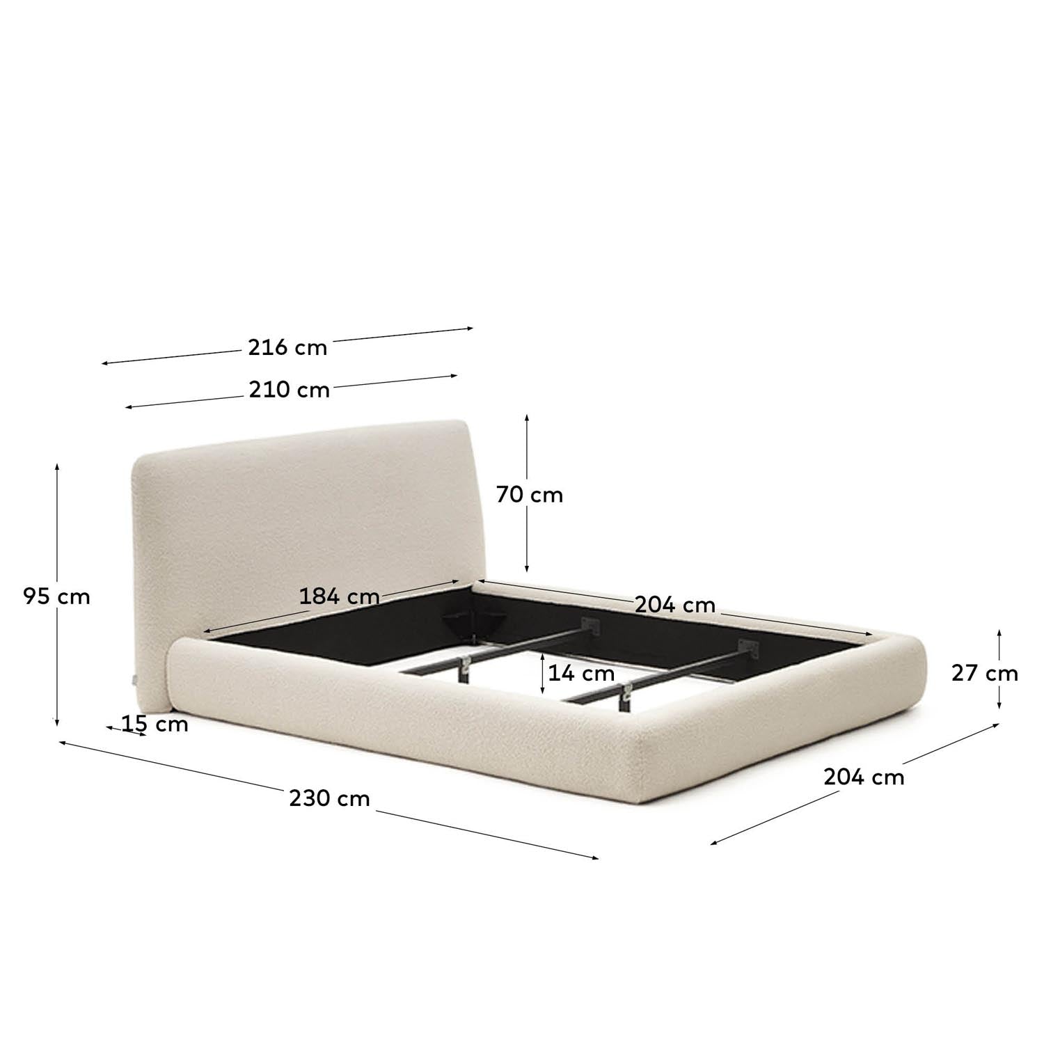 Entdecken Sie das stilvolle Martina Bett in Ecru Bouclé, ideal für Matratzen 180 x 200 cm. Mit abnehmbarem Bezug und elegantem Design für Ihr Schlafzimmer.