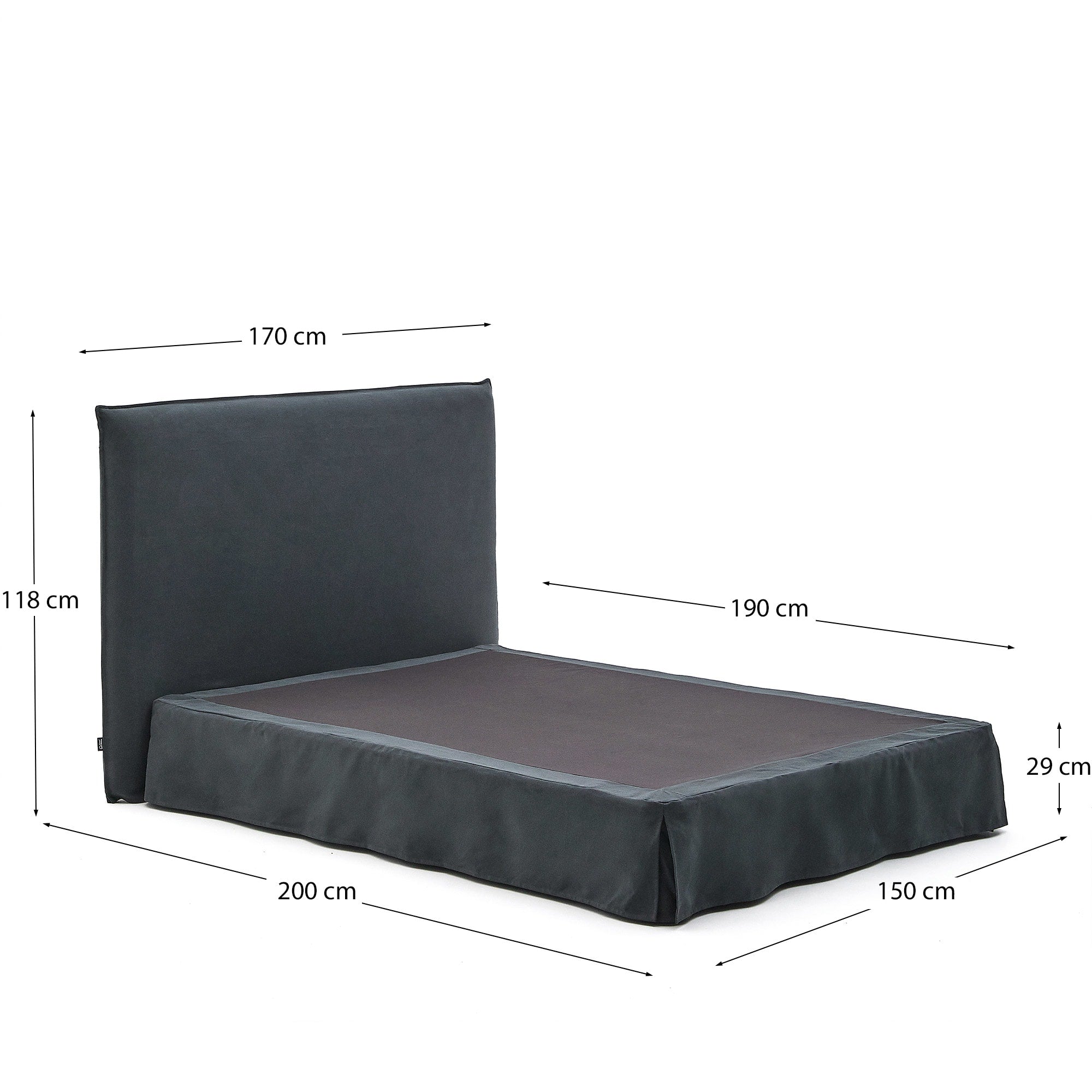 Modernes Bett Jaira in edlem Anthrazitgrau, mit abnehmbarem Bezug aus Leinen und Baumwolle. Ideal für 150x190 cm Matratzen, komfortabel und langlebig.