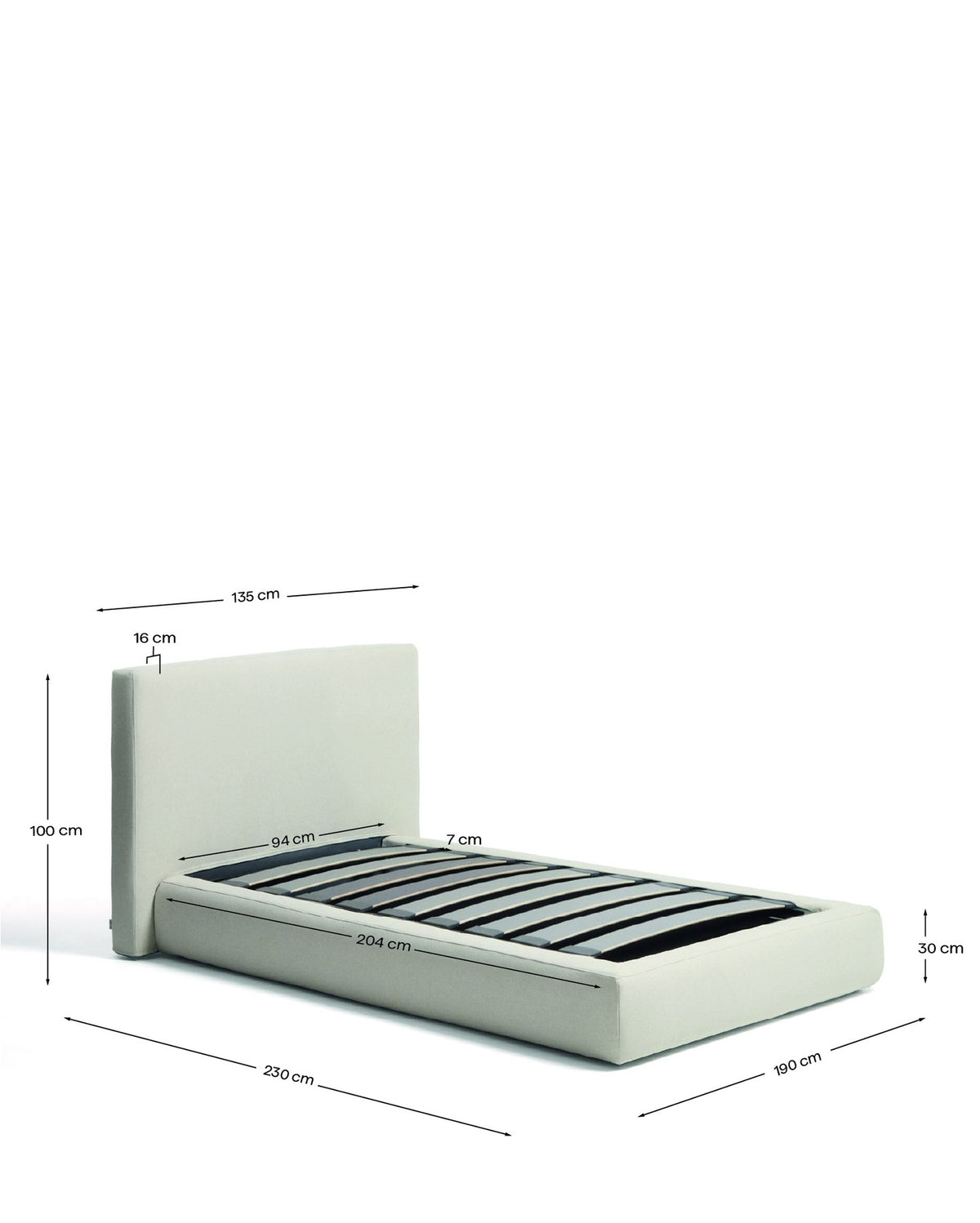 Bett Blok in Écru von Kave Home mit aufklappbarem Bettkasten, breiter Rahmen aus Holz und Stahl, für Matratzengrösse 90 x 200 cm