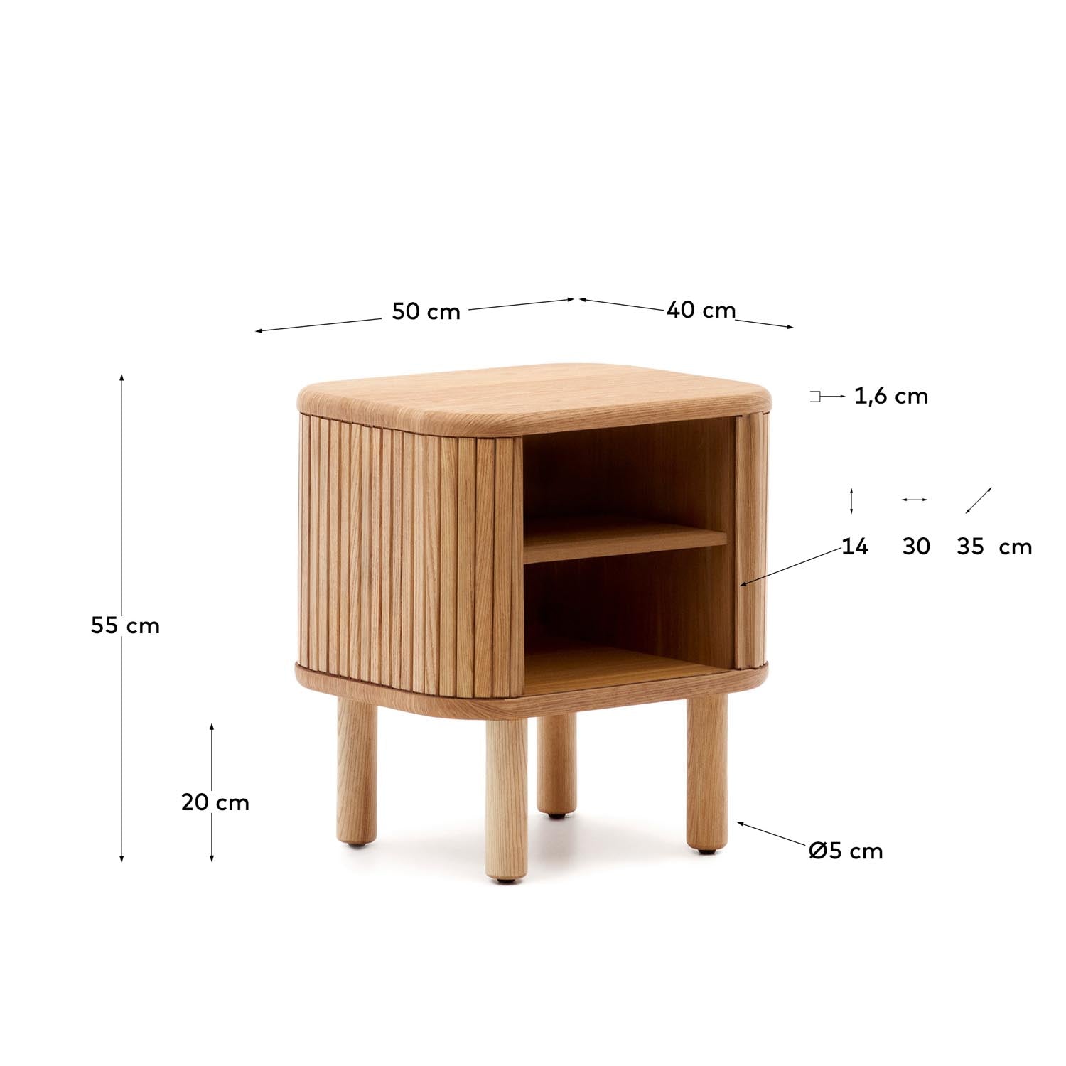 Eleganter Nachttisch Mailen von Kave Home, gefertigt aus Eschenfurnier, 50 x 55 cm. Ideal für stilvolle Schlafzimmer mit praktischem Stauraum.