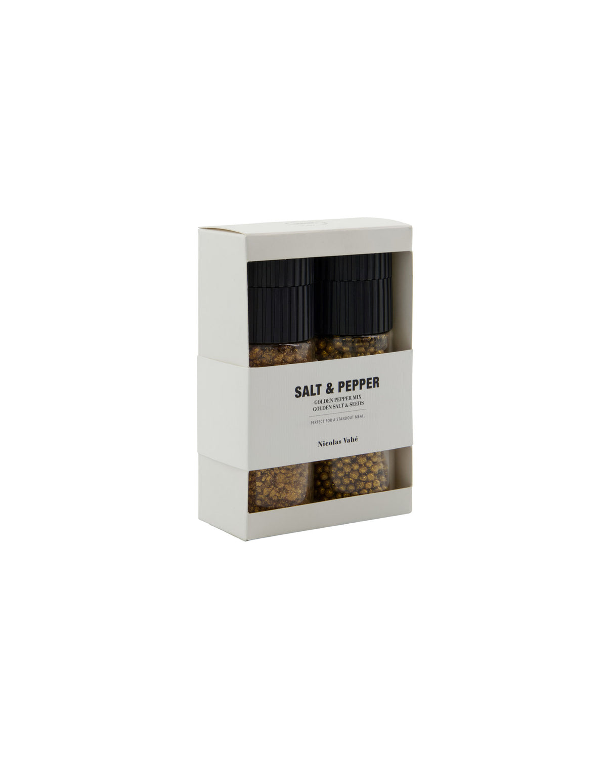 Weisse Geschenkbox mit goldener Pfeffermischung und goldener Salz- und Samenmischung
