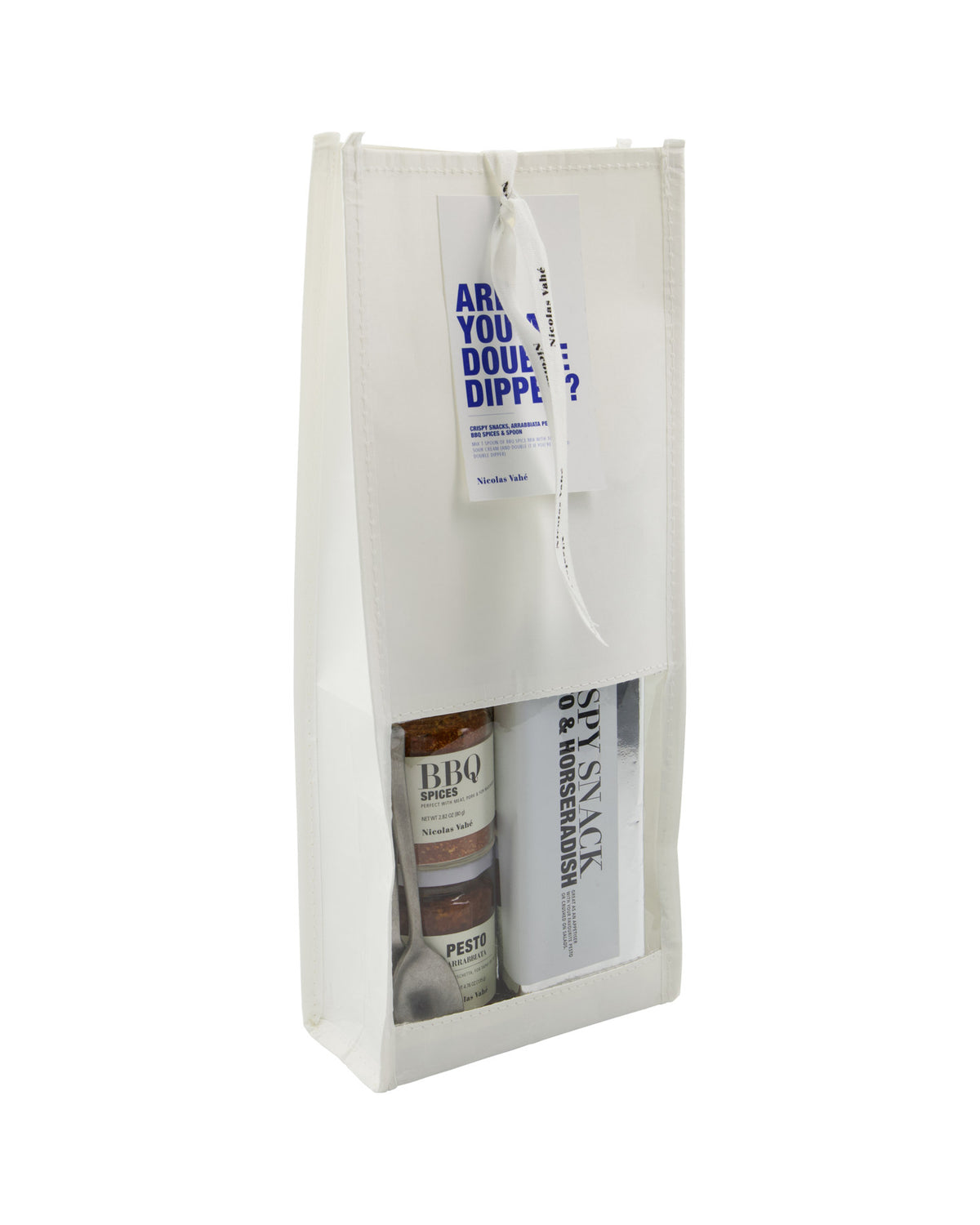Weisse Geschenktasche Are you a double dipper? von Nicolas Vahé mit Anhänger und Teelöffel