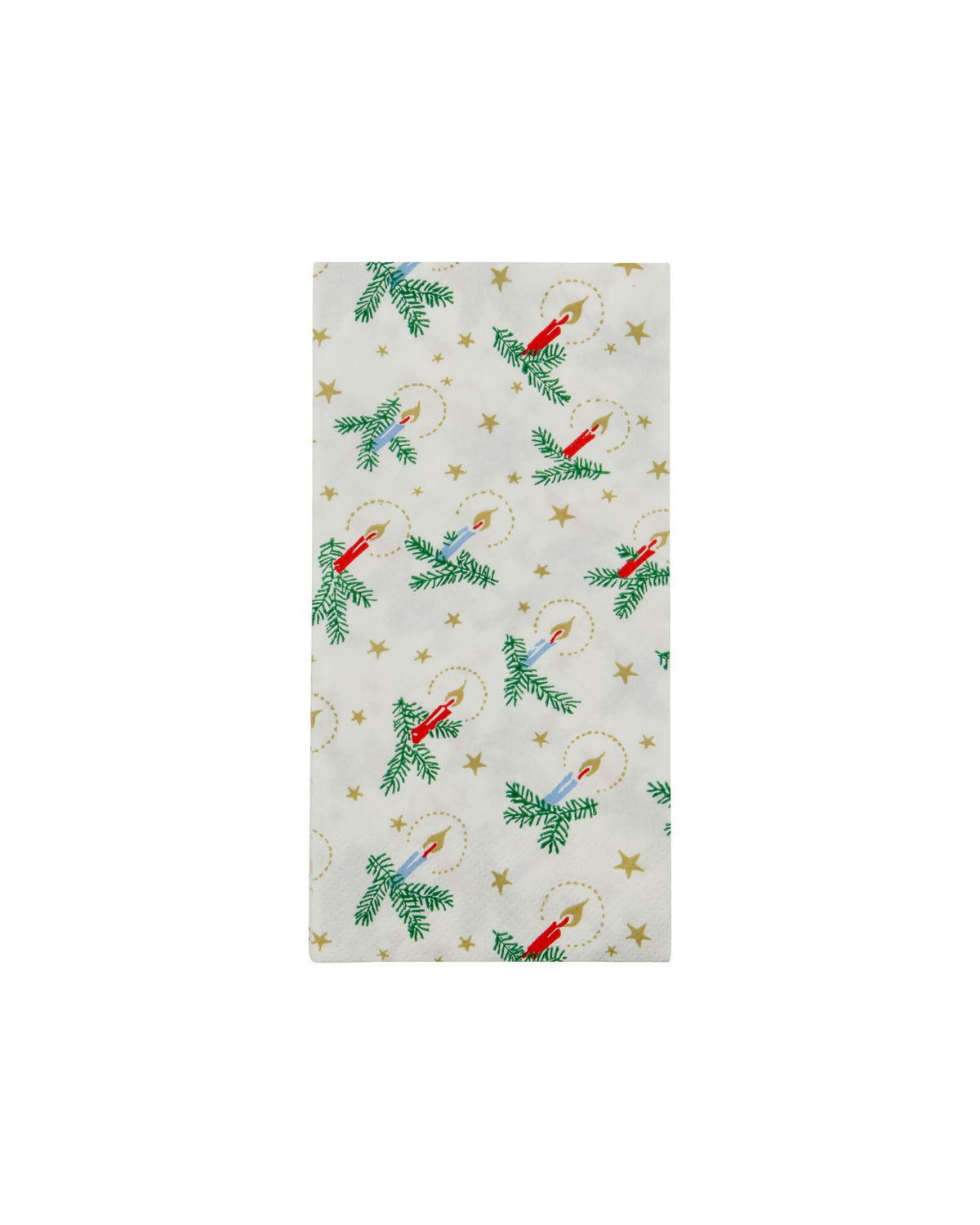 Weisse Papierservietten mit goldenen und grünen Weihnachtsmotiven, gefaltet, aus der Serie NVXmas von Nicolas Vahé.