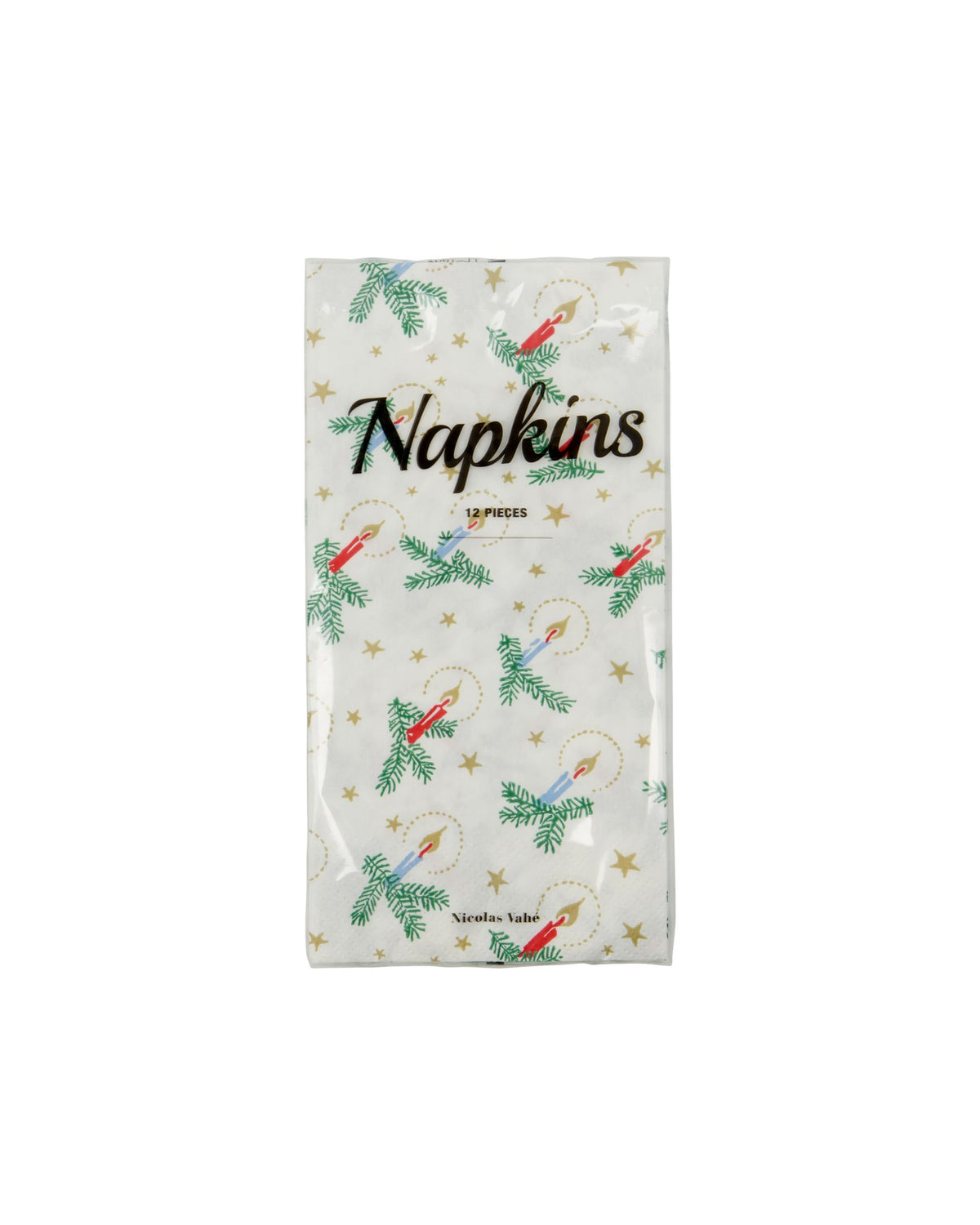 Weisse Papierservietten mit goldenen und grünen Weihnachtsmotiven, gefaltet, aus der Serie NVXmas von Nicolas Vahé.