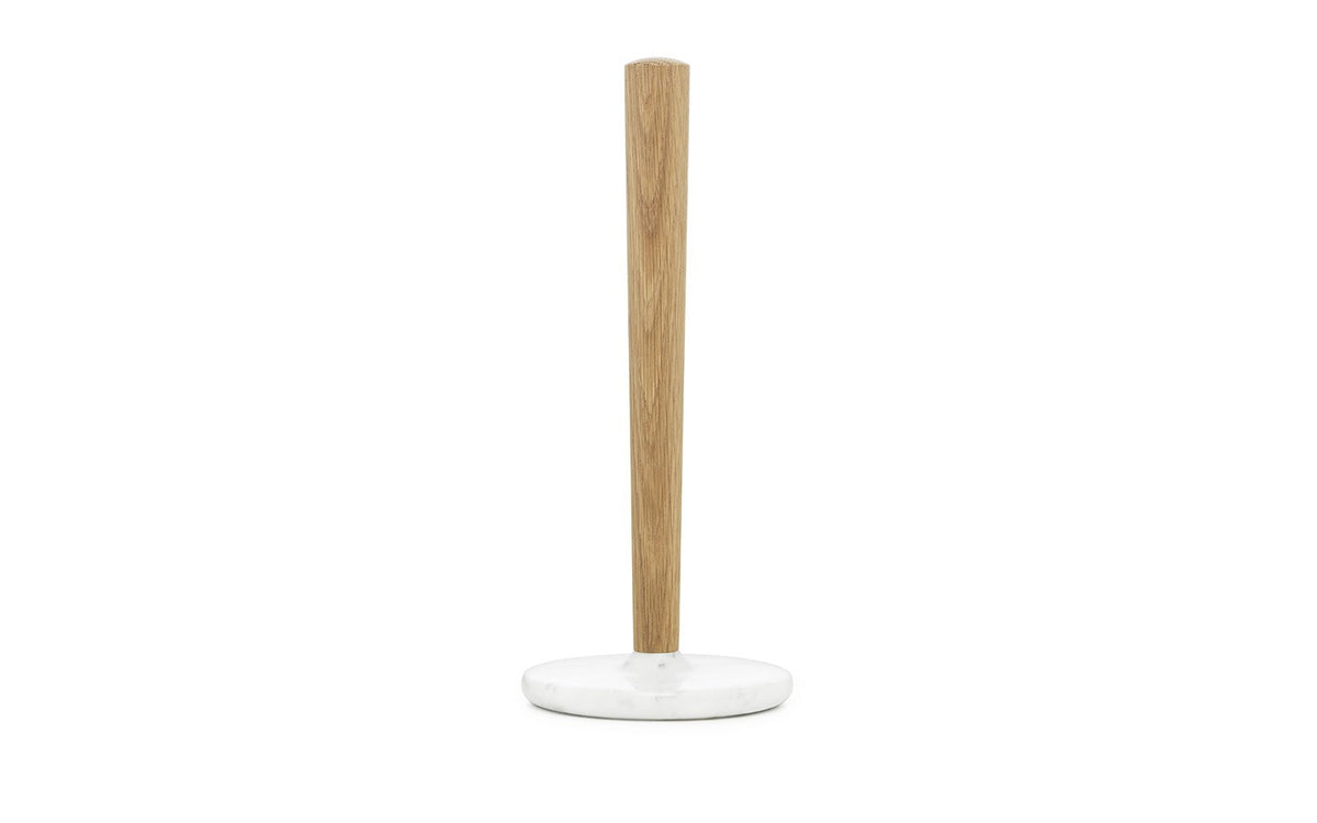 Küchenrollenhalter der Serie Craft von Normann Copenhagen mit Sockel aus weisser Eiche und Halterung aus Marmor, schlichte zylindrische Form.