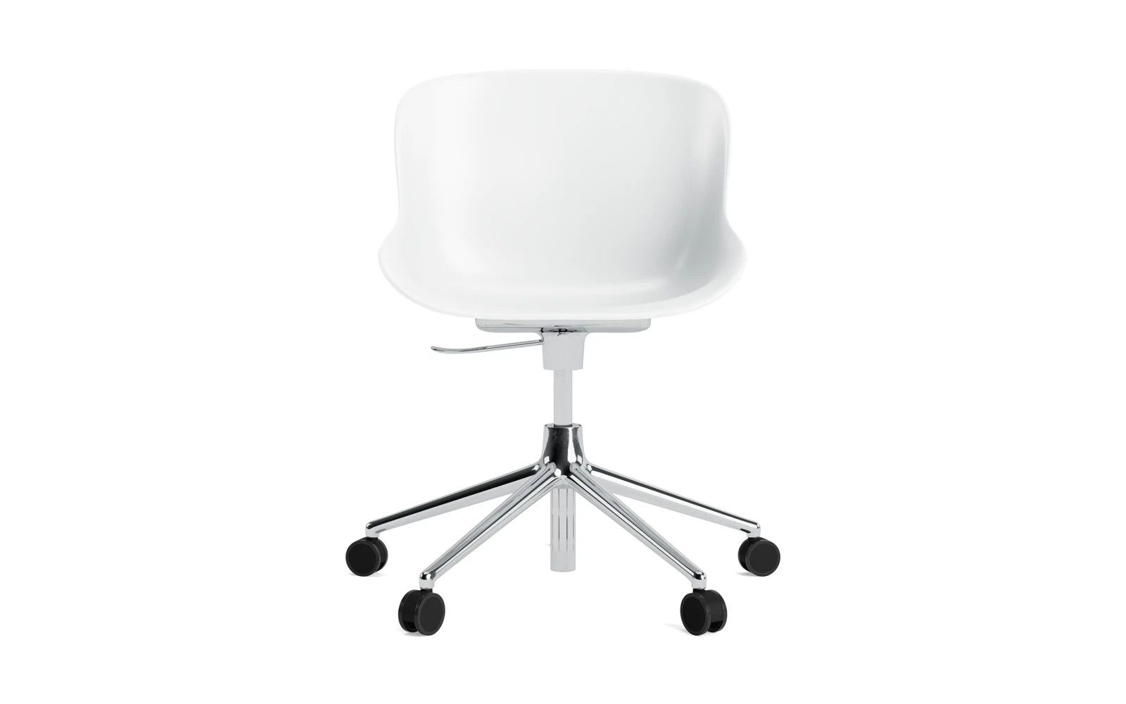 Der Hyg Drehsessel von Normann Copenhagen vereint Hygge, Komfort und Stil mit sanften Linien und Rollen für flexible Gemütlichkeit.