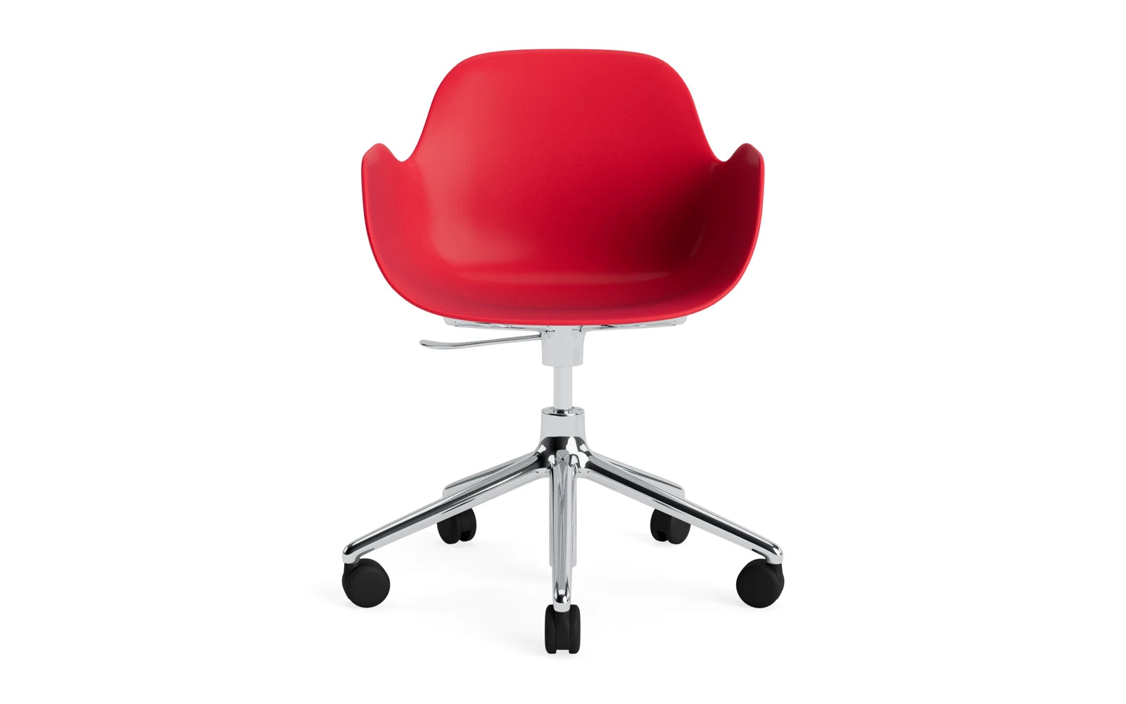 Erleben Sie den Form Drehsessel in strahlendem Rot/Aluminium von Normann Copenhagen – ein elegantes Möbelstück, das Komfort und Stil vereint.
