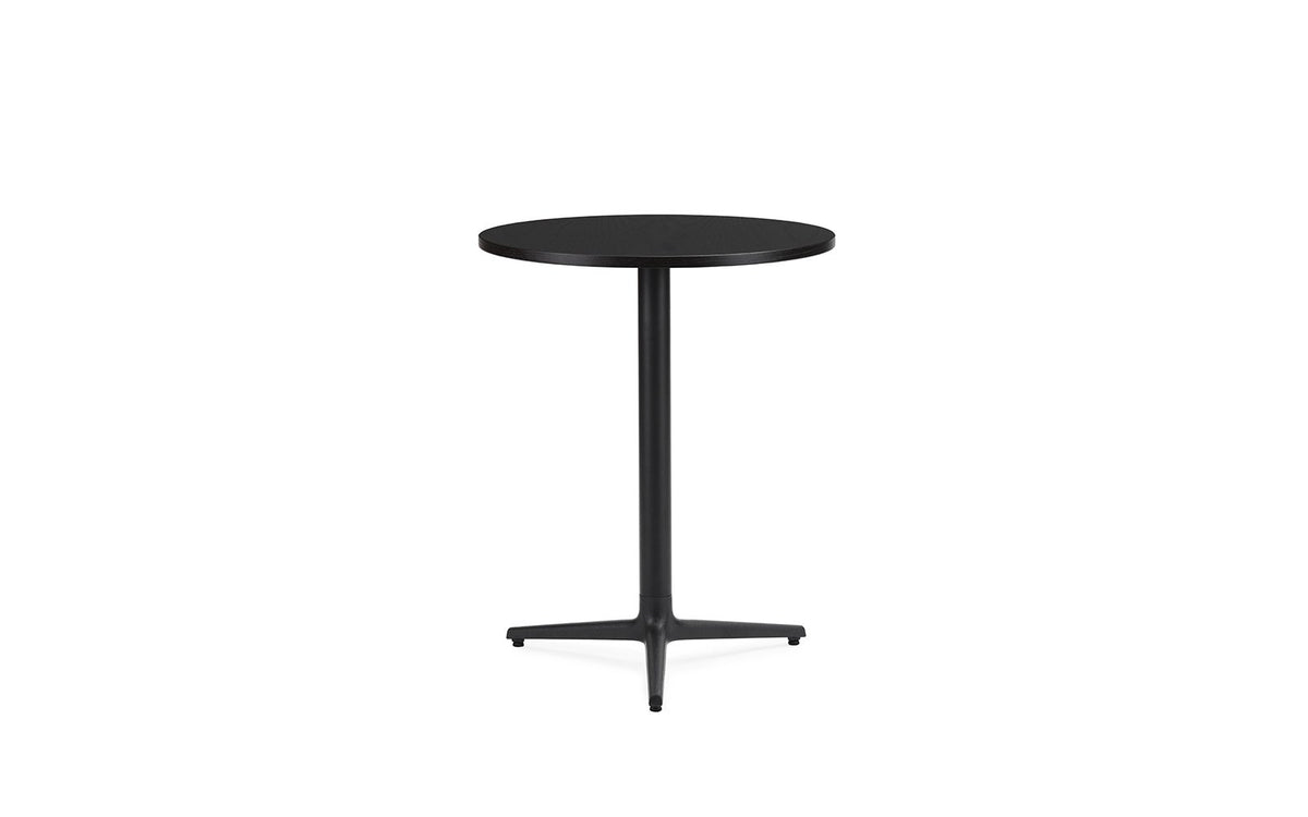 Runder Esstisch mit Tischplatte in Schwarz Eiche und dreibeinigem Gestell aus Gusseisen, Durchmesser 60 cm, Höhe 75 cm.