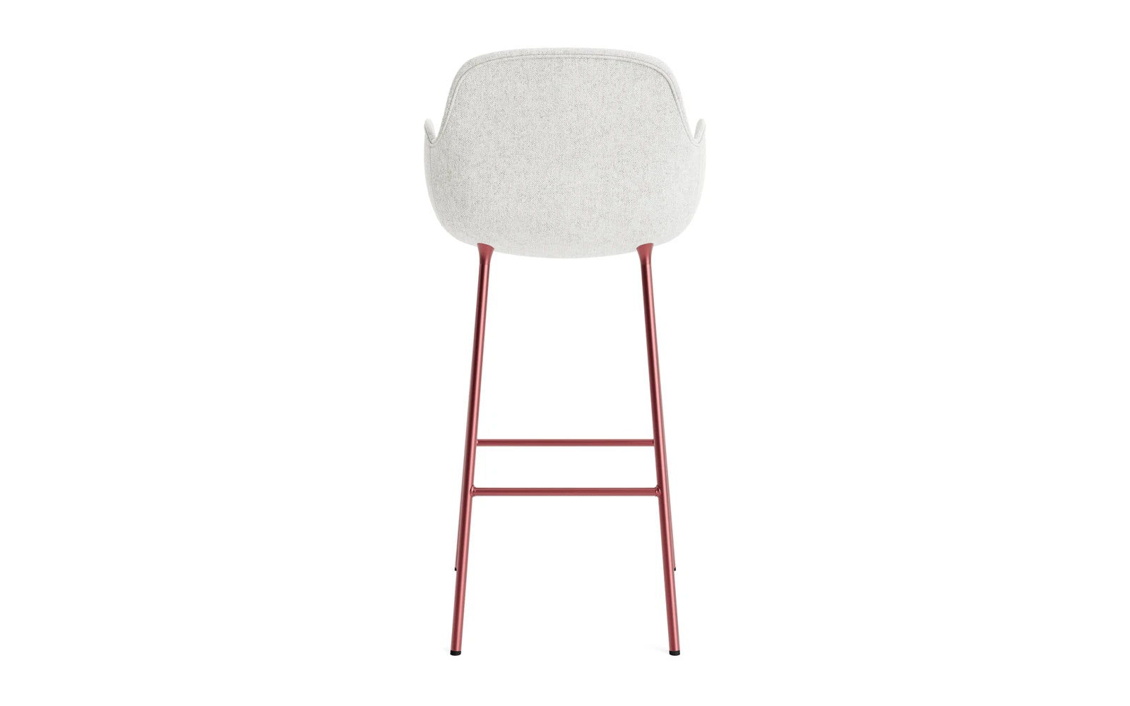 Entdecken Sie den eleganten Form Barstuhl mit Armlehne von Normann Copenhagen. Mit 75 cm Sitzhöhe, hochwertiger roter Polsterung und robustem Stahlgestell vereint er Stil und Bequemlichkeit.