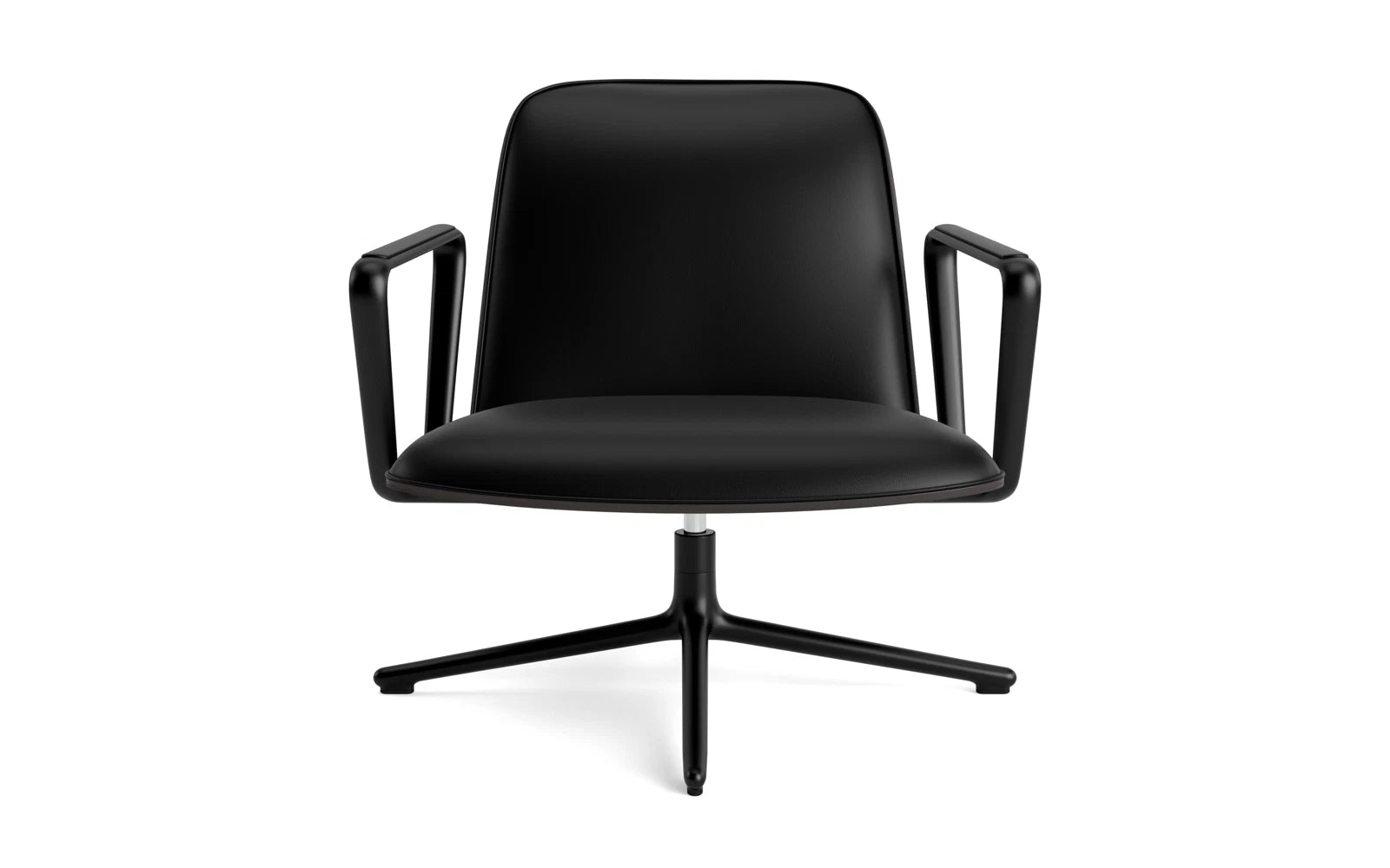 Eleganter Pad Drehsessel aus schwarzer Eiche, gepolstert, mit Stahlrahmen. Perfekt für moderne Lounges.