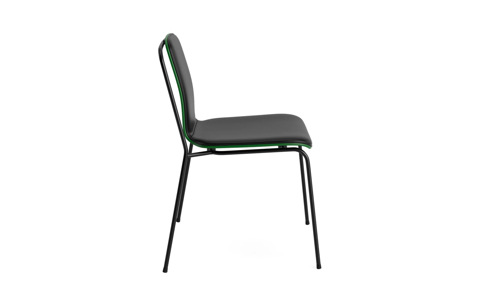 Erleben Sie den Studio Stuhl Frontpolster von Normann Copenhagen: Ein stilvolles, funktionales Möbelstück aus schwarzem Stahl und grünem Ultra, perfekt für jeden Raum.