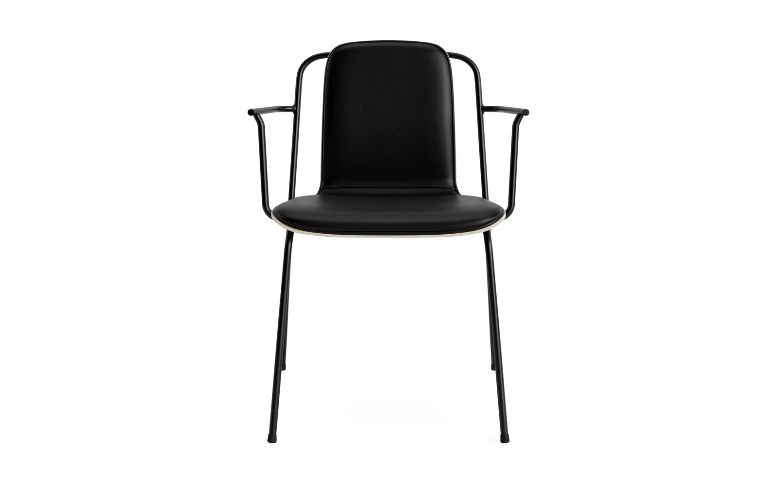 Entdecken Sie den eleganten Studio Armlehnstuhl von Normann Copenhagen: stilvolles Design mit schwarzem Stahlrahmen und hellgrauem Ultra-Polster für jeden Raum.
