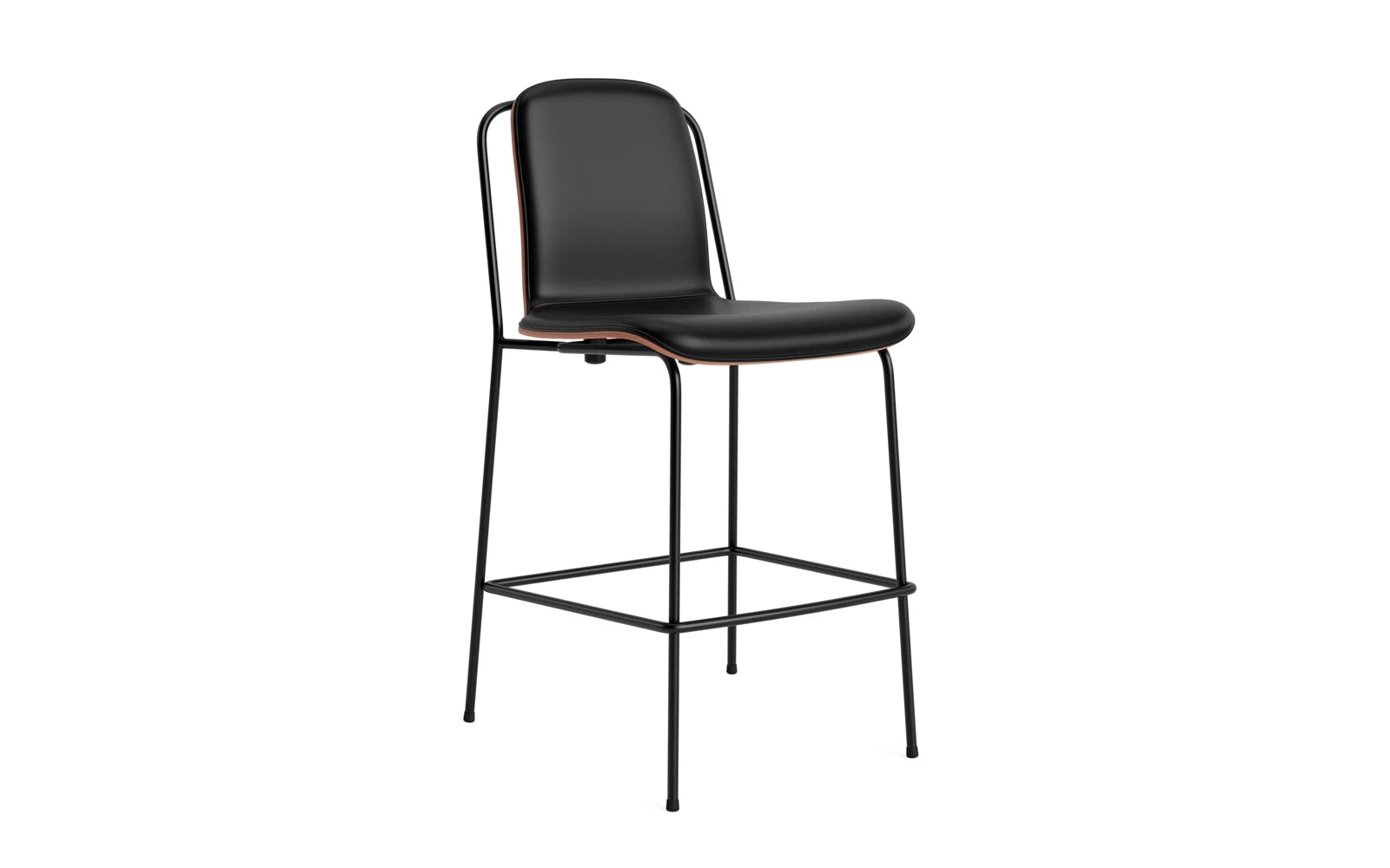 Erleben Sie den eleganten Studio Barstuhl 65 cm von Normann Copenhagen. Mit seinem schlanken Stahlrahmen und dem komfortablen Frontpolster in Braun bringt er industriellen Charme in jeden Raum.