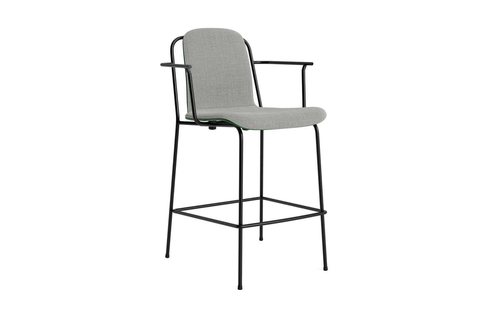 Erleben Sie den modernen Studio Barstuhl 65 cm von Normann Copenhagen. Mit seinem eleganten Stahlrahmen und dem komfortablen grünen Polster ist er die perfekte Ergänzung für jeden Raum.