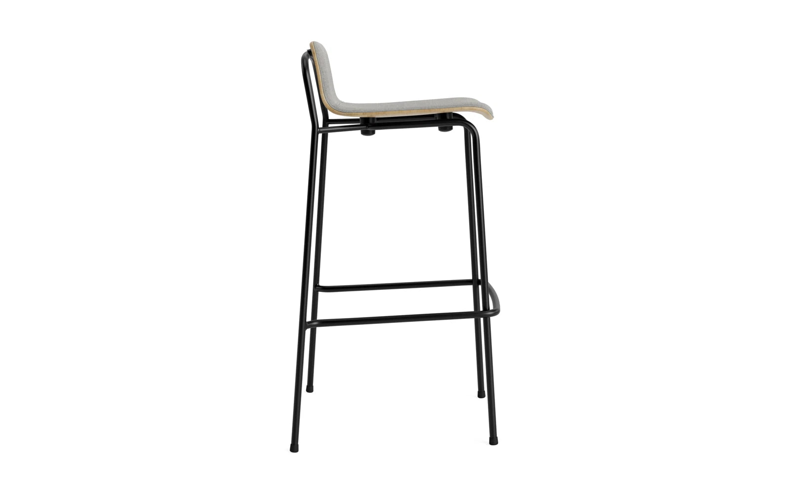 Eleganter Barhocker von Normann Copenhagen, 75 cm hoch, mit schwarzem Frontpolster und stabiler Stahlkonstruktion. Perfekt für stilvolle Wohnräume.