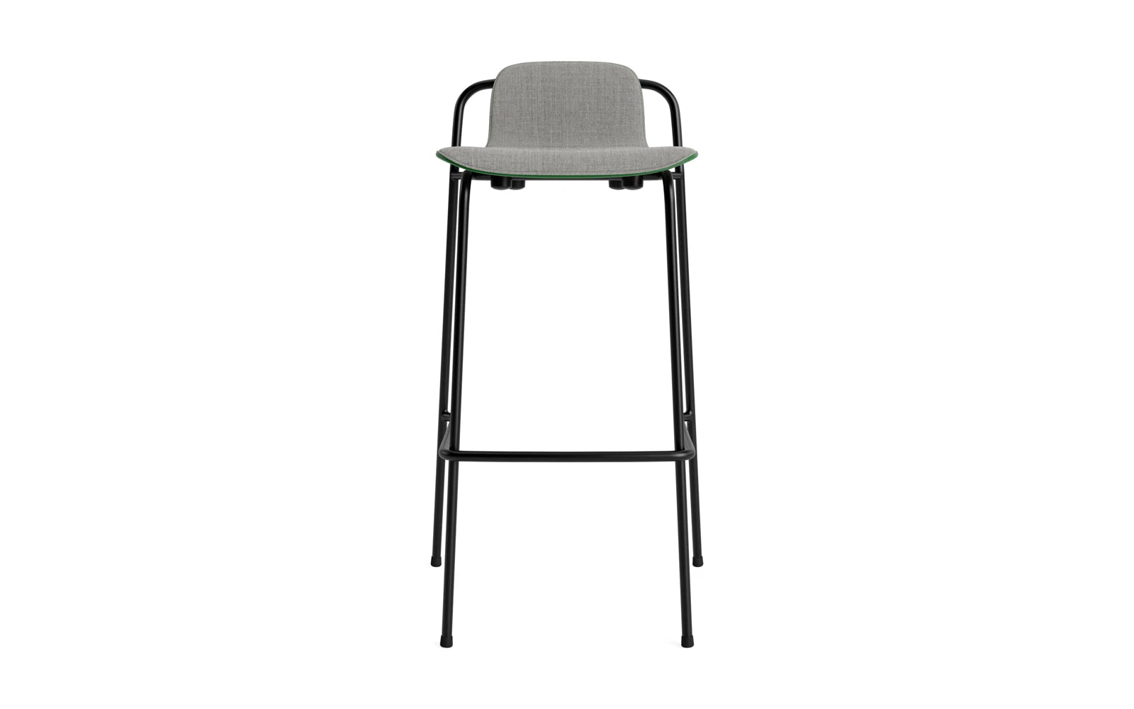 Entdecken Sie den eleganten Studio Barstuhl 75 cm von Normann Copenhagen mit grünem Frontpolster und schwarzem Stahlrahmen – ideal für stilvolle Räume!