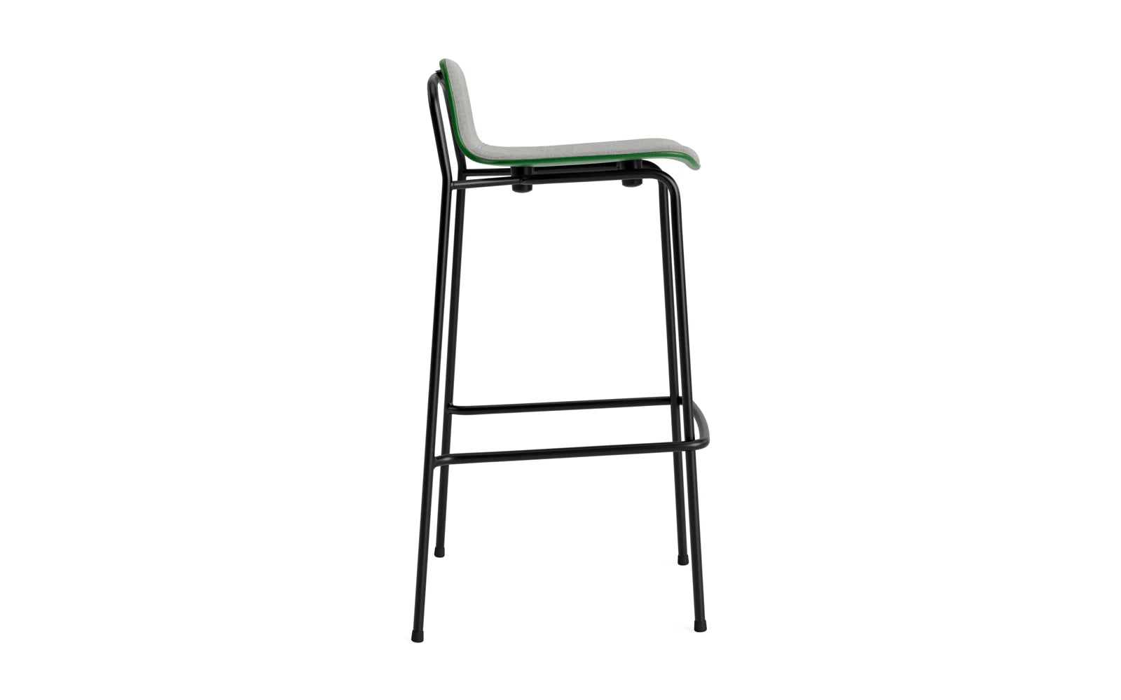 Erleben Sie den modernen Studio Barstuhl 75 cm von Normann Copenhagen – mit grünem Frontpolster und robustem Stahlrahmen, perfekt für jeden Raum!