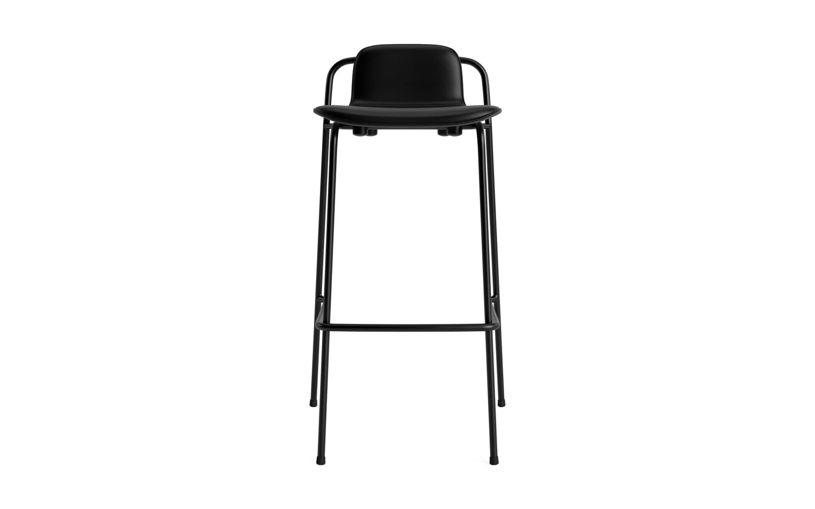 Moderner Barstuhl mit 75 cm Höhe, schwarzem Stahlrahmen und stilvollem Frontpolster. Perfekt für zeitgemäße Wohn- und Gastronomieräume.